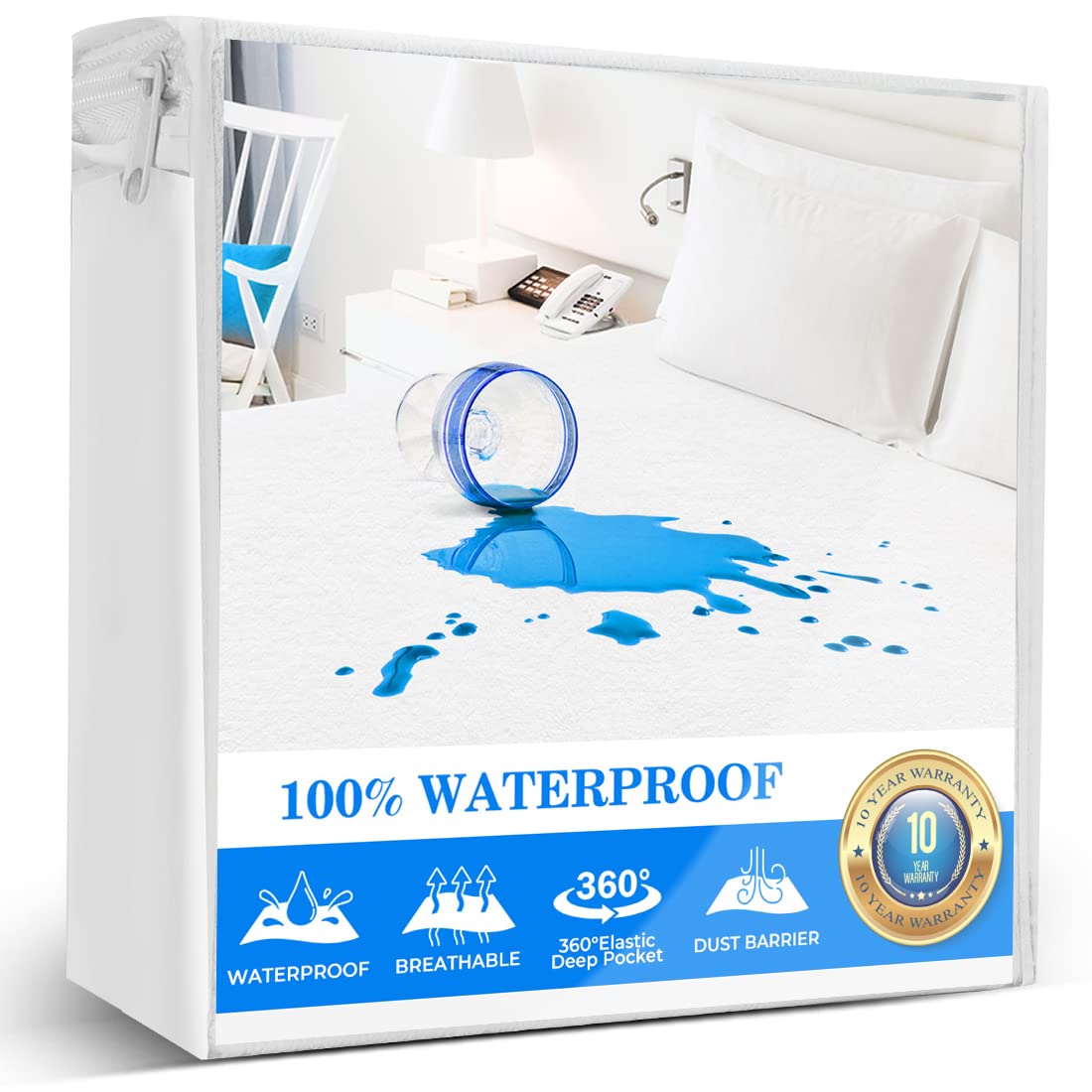 Waterproof King Size Mattress Protector - Noiseless Breathable Cotton Terry Cover for Pets, Kids & Adults (76