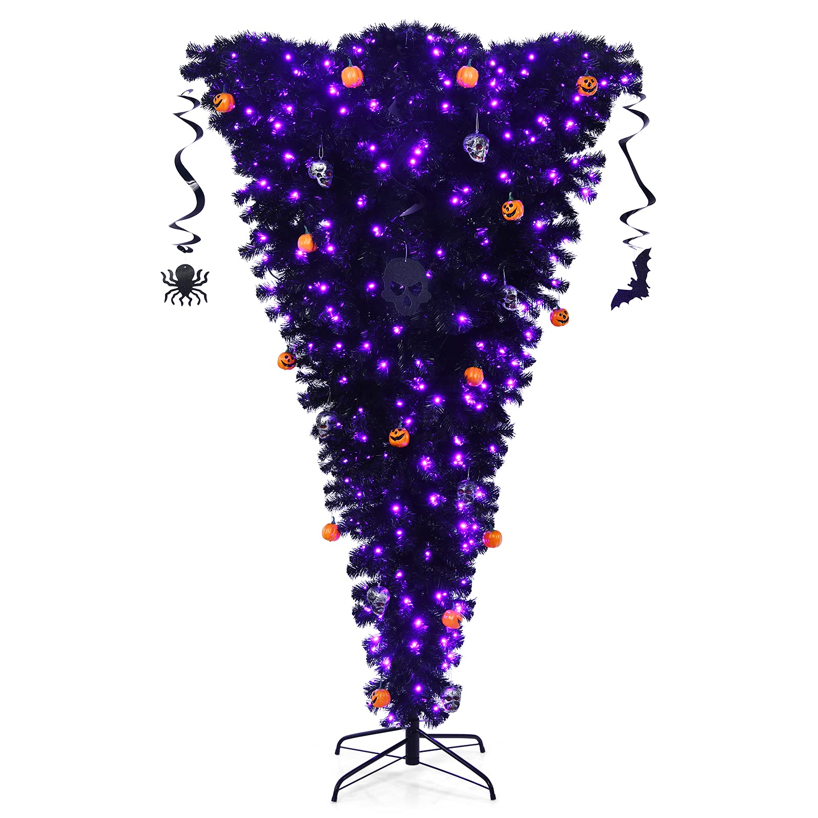 Goplus 7ft Pre-lit Artificial Black Christmas Tree with 400 Purple LED Lights - Upside Down Halloween & Inverted Xmas Pine Tree for Holiday Decor, Carnival Party, Indoor & Outdoor Decorations - Perfect for Spooky Halloween Parties, Christmas Celebrations, and Themed Events