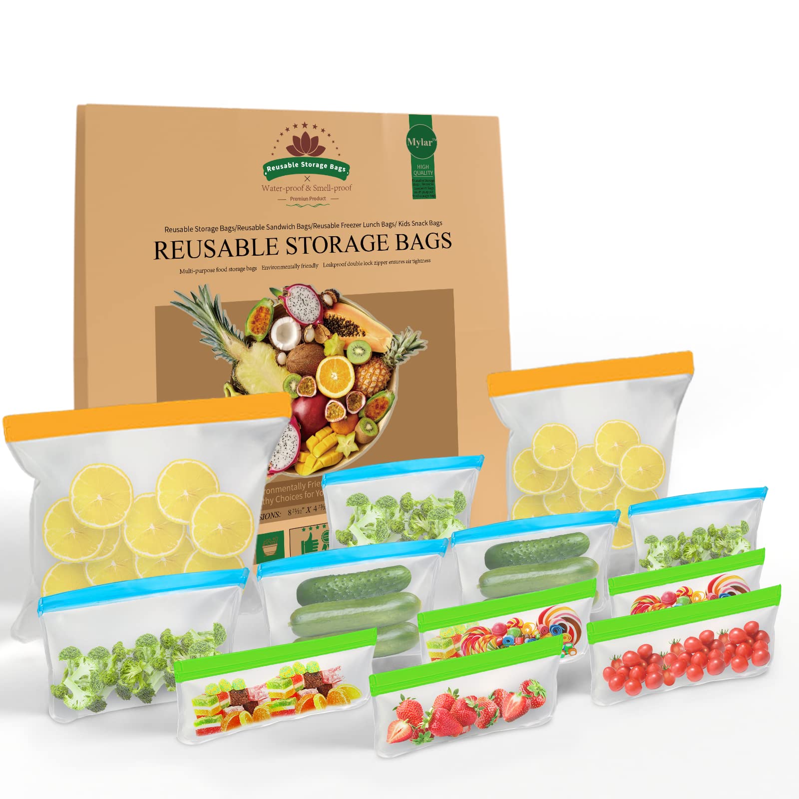 12 Pack Reusable Mylar Storage Bags Set - 2 Freezer Bags, 5 Sandwich Bags & 5 Snack Bags for Kids | BPA Free, Leakproof & Resealable | Perfect for Food Storage, Meal Prep, Lunches, Meat, Fruits & Vegetables (Multicolor)