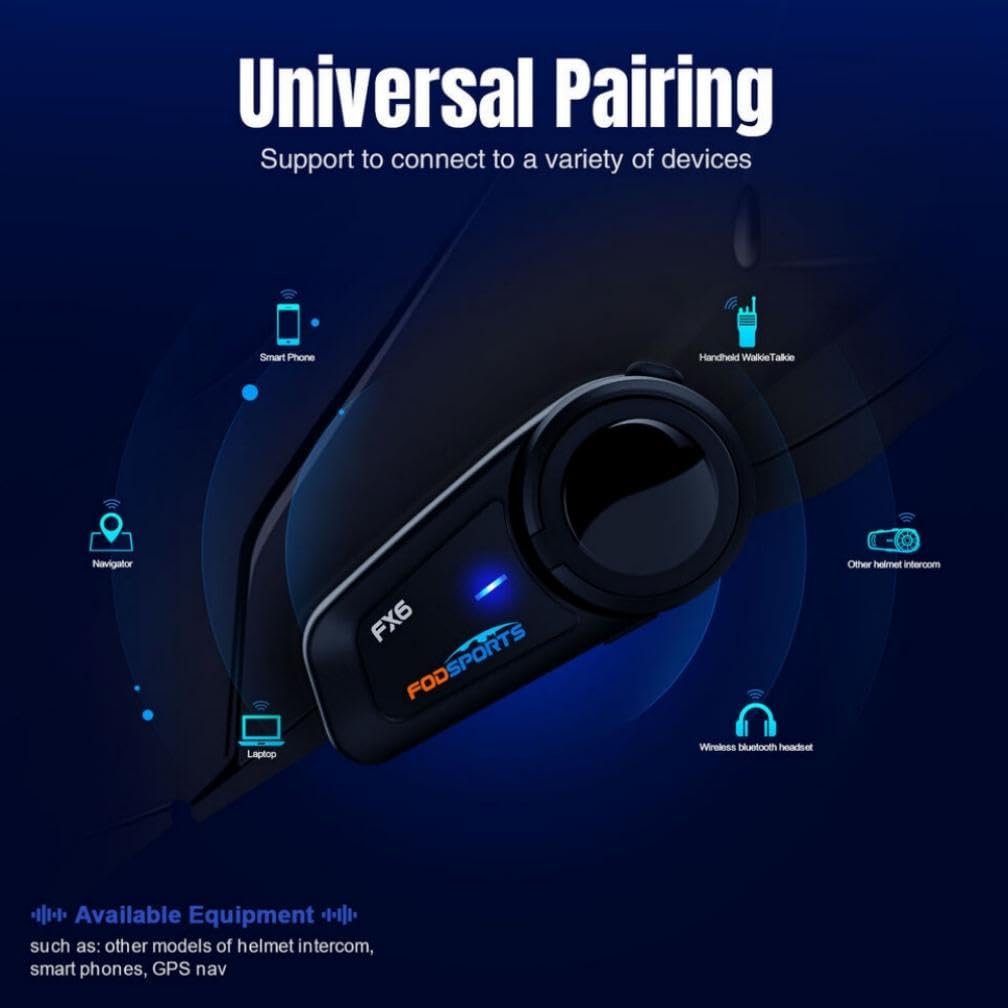 Fodsports FX6 Motorcycle Bluetooth Headset 2 Pack - 1000M Range, 6 Rider Group Intercom, Universal Helmet Communication System with Voice Control - Perfect for Group Rides, Touring & Highway Communication