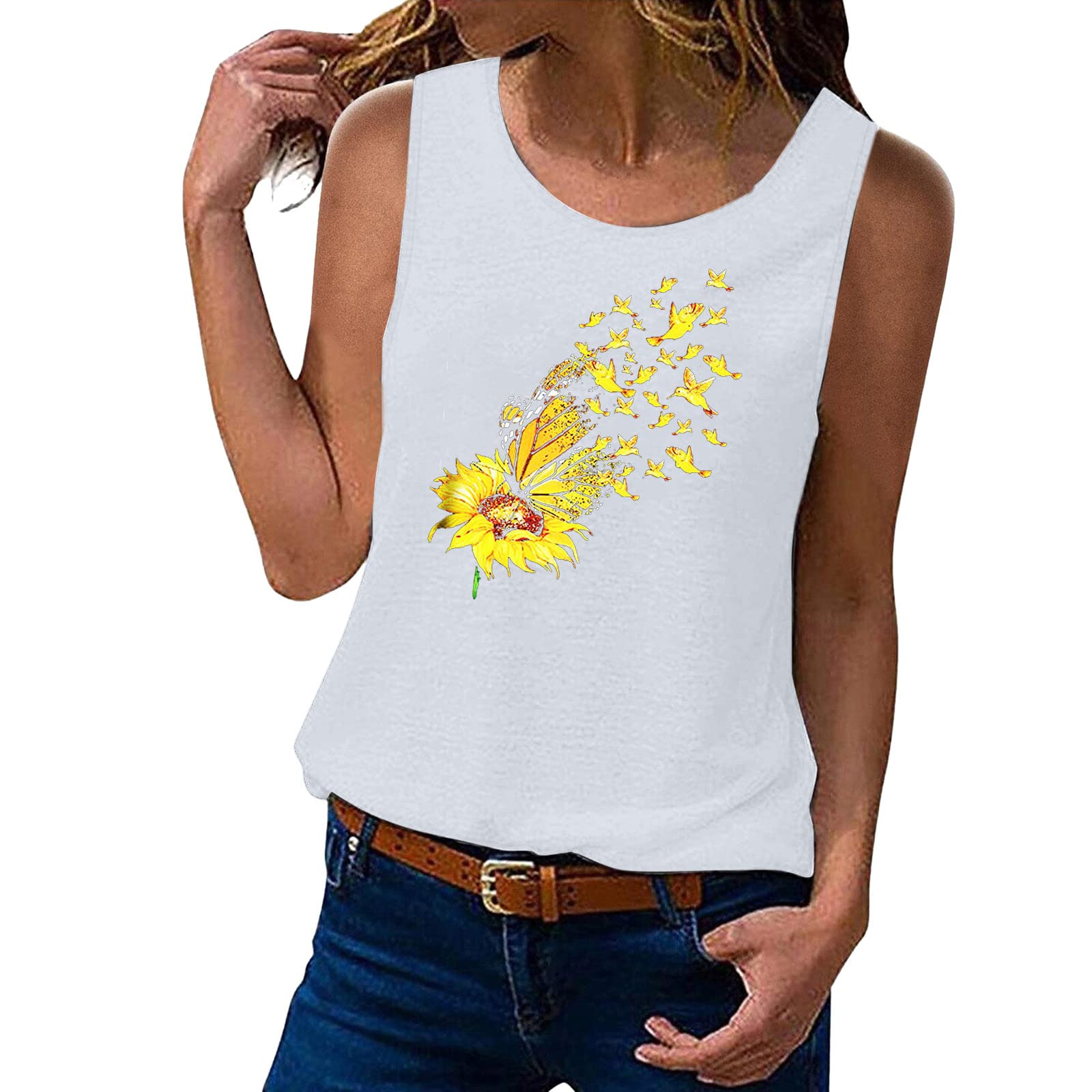 Women's Summer V-Neck Sleeveless Tank Tops - Floral Butterfly Graphic Casual Loose Fit Blouse for Beach Vacation & Outdoor Activities (White, XXL)