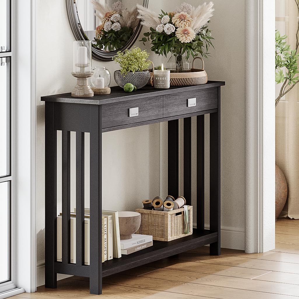 ChooChoo Black Entryway Table with Drawer - Narrow Console Table & Sofa Table with Storage Shelf - Perfect for Entryway, Living Room, Hallway & Small Spaces - Modern Home Decor & Functional Furniture