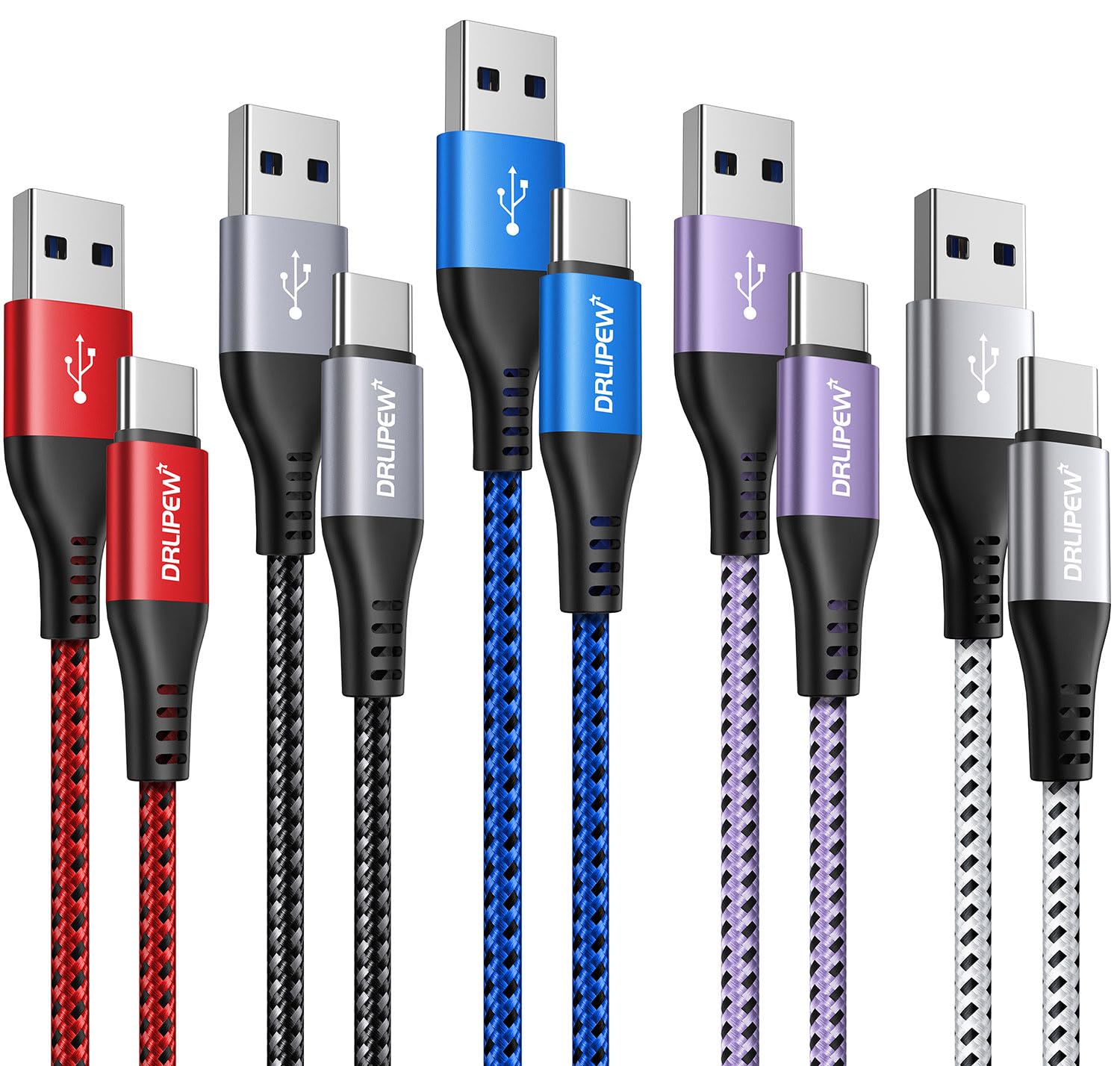 5-Pack 2M USB-C Fast Charging Cable 3A - USB to Type C Charger Cord for iPhone 15/15 Pro Max, Samsung Galaxy S20/S21/S22/S23/S24/Plus/Ultra, Google Pixel - Durable Braided Cable for Home, Office & Travel Charging
