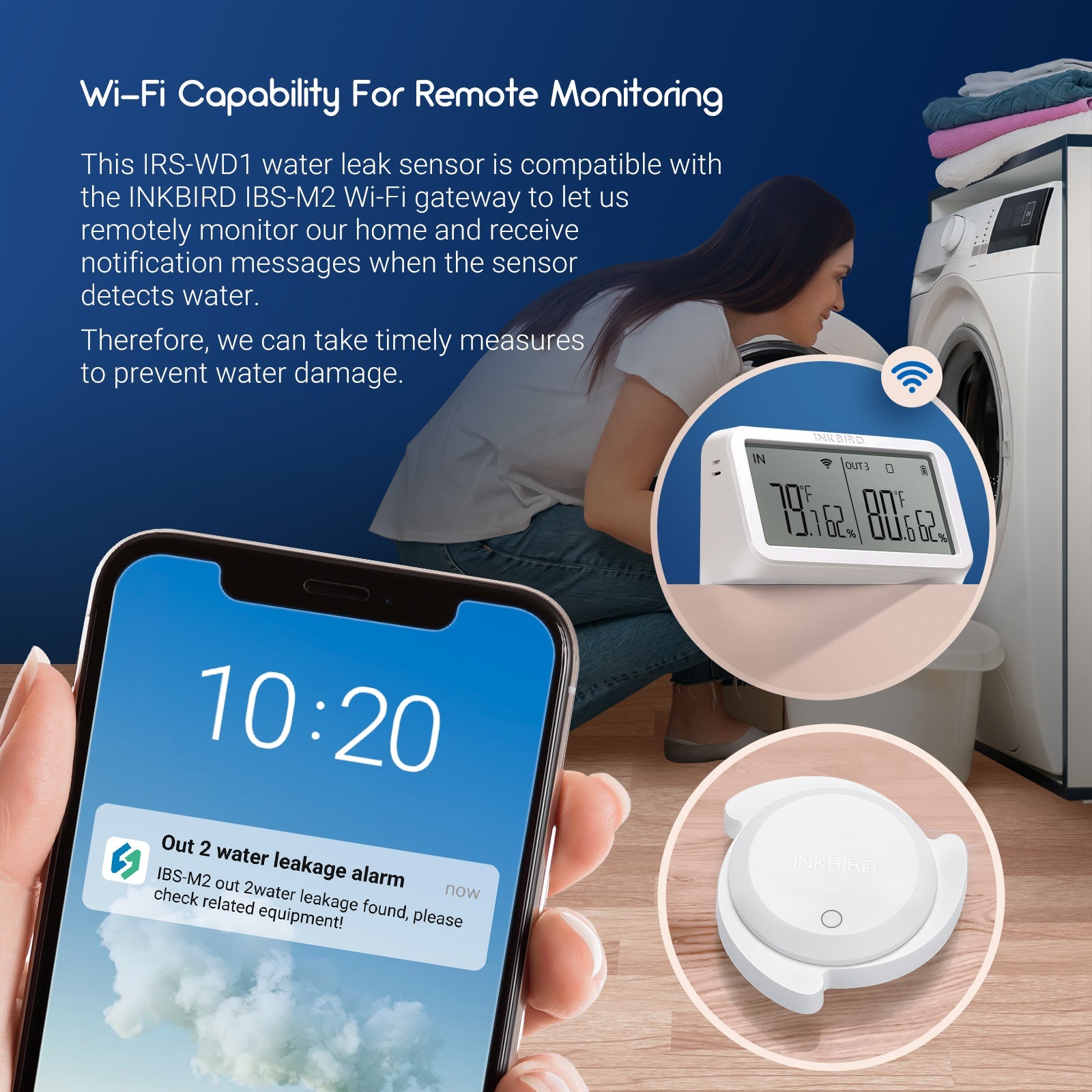 Smart Water Leak Detector IRS WD1 - Wireless Alarm Sensor for Home & Basement - Early Warning System for Pipe Bursts, Floods & Appliance Leaks (Ideal for Kitchen, Bathroom, Laundry Room & Water Heater Areas)