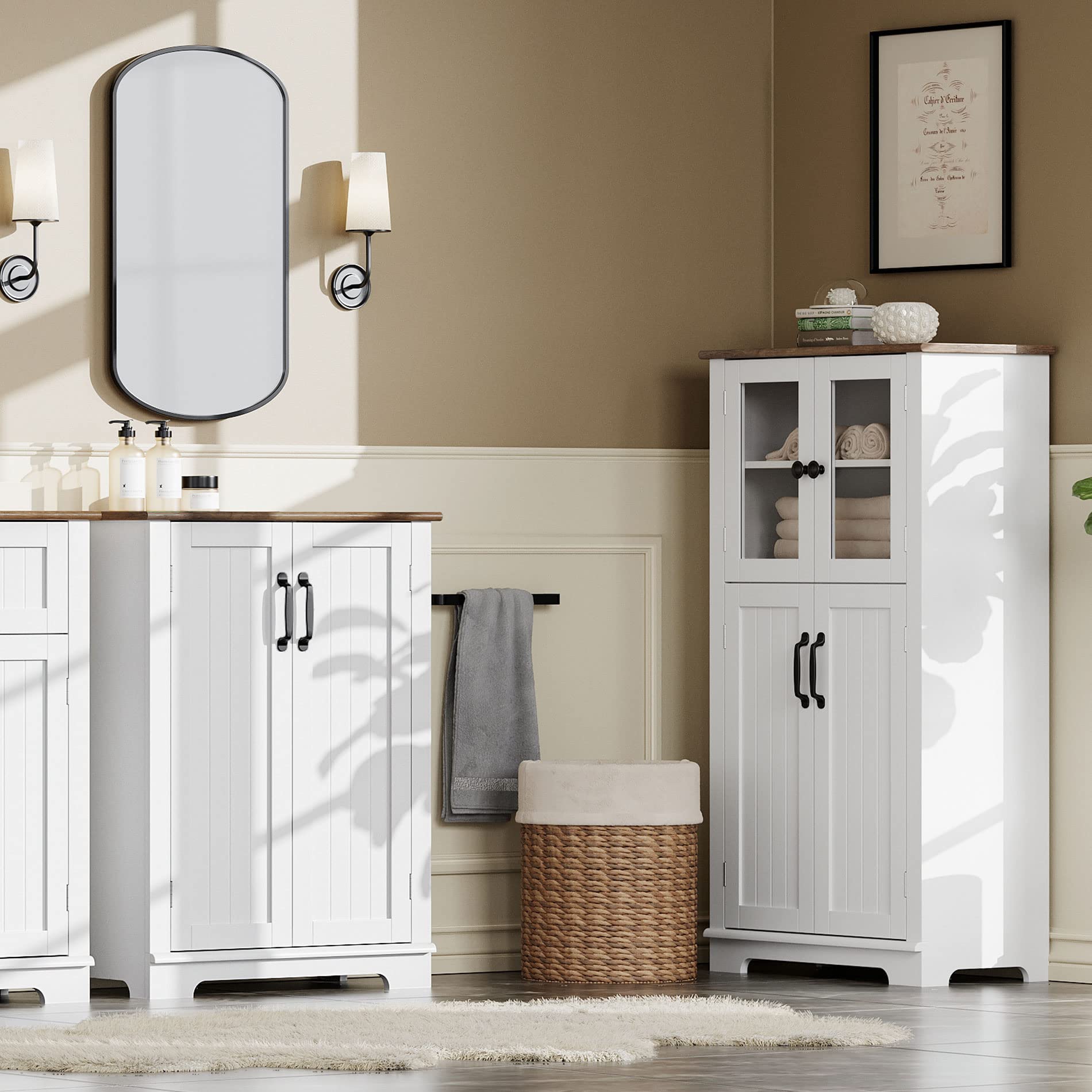 WAMPAT 2-Piece Bathroom Storage Cabinet Set - White Freestanding Cabinet with Adjustable Shelves & Glass Door Storage Organizer for Bathroom, Bedroom, or Laundry Room Organization