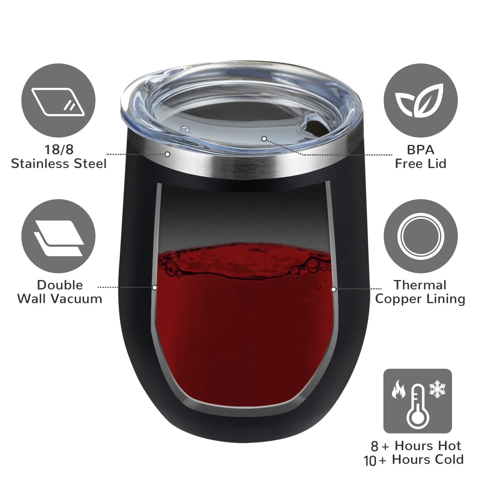 MEWAY 12oz/12 Pack Stainless Steel Wine Tumbler with Lid - Double Wall Vacuum Insulated Travel Mug for Wine, Coffee, Cocktails - Perfect for Outdoor Picnics, Parties, Camping & Gifts (Black, Set of 12)
