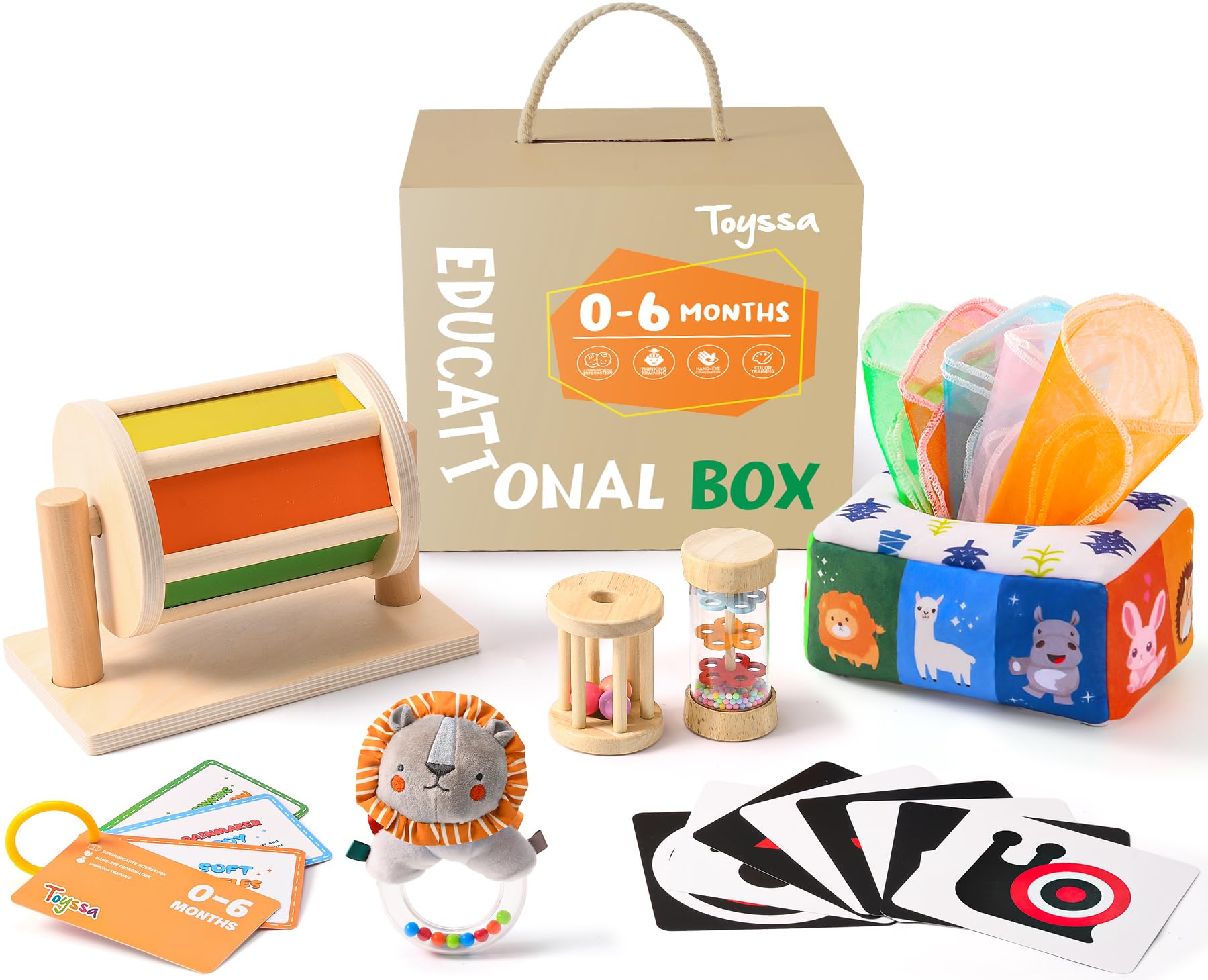 Montessori Wooden Sensory Toys for Babies 0-6 Months - 6-in-1 Educational Learning Set with Spinning Drum, Tissue Box, Rattle & Flashcards - Perfect Baby Shower & Birthday Gift for Boys & Girls - Ideal for Early Childhood Development & Sensory Play