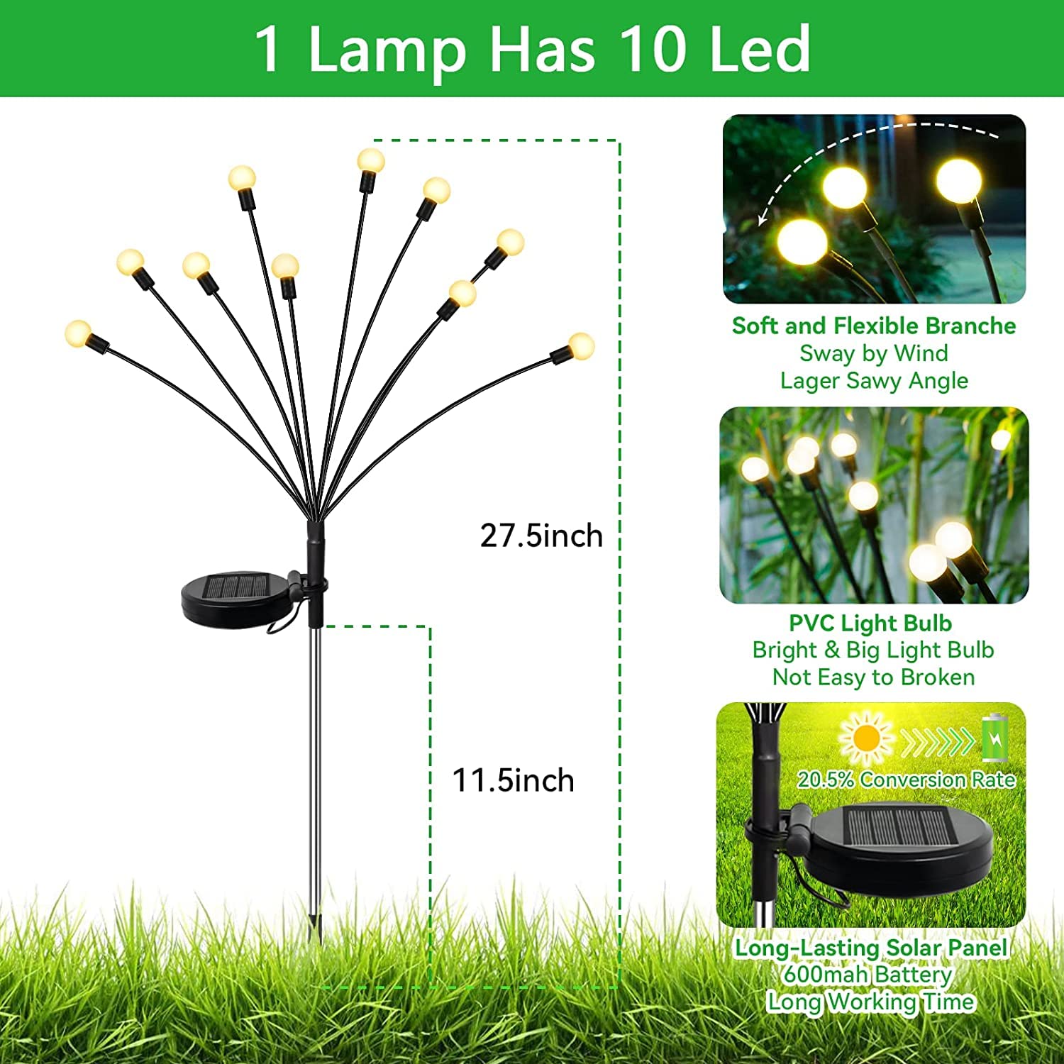 20LED Solar Garden Lights - 2 Pack Upgraded Waterproof Outdoor Solar Swaying Lights with 2 Lighting Modes, Warm White Firefly Lights for Yard, Patio, Pathway & Landscape Decoration | Perfect for Evening Ambiance & Garden Parties
