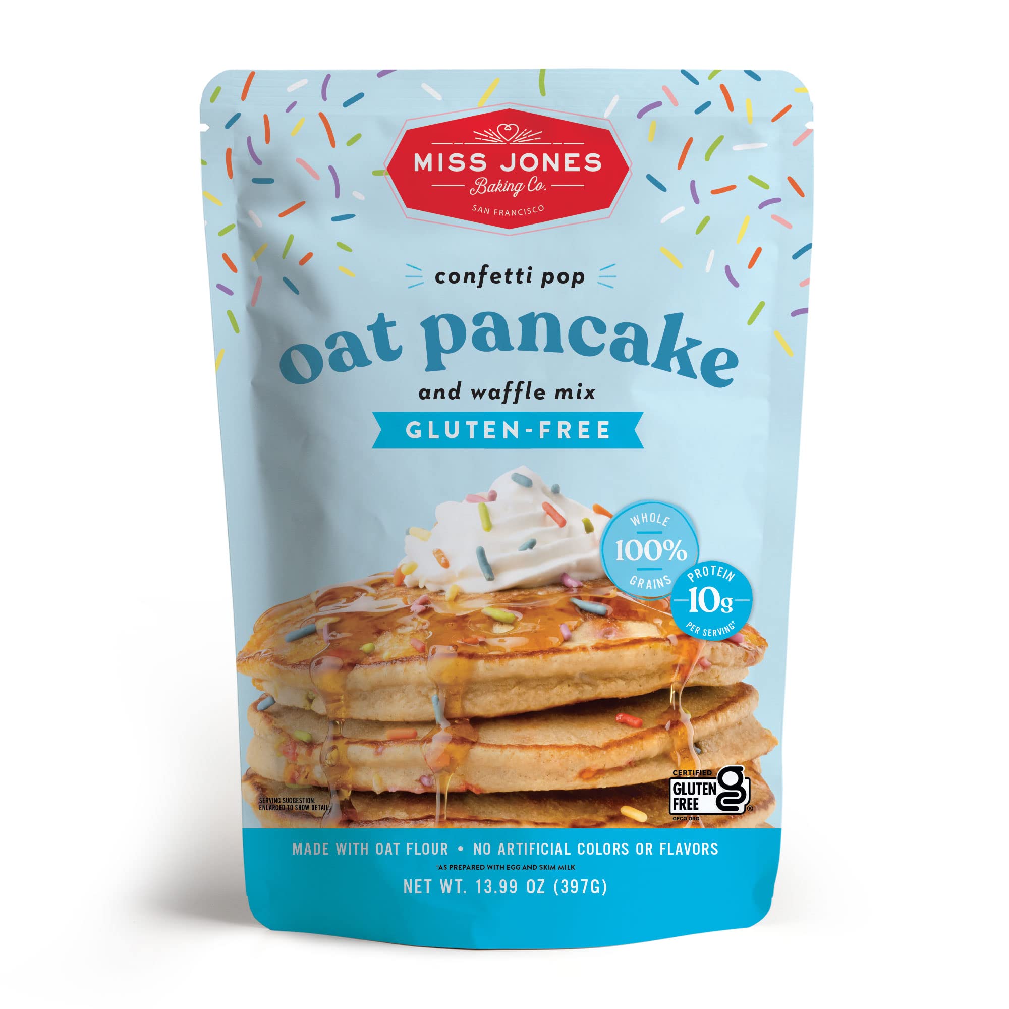 Miss Jones Baking Confetti Pop Oat Pancake & Waffle Mix - Gluten Free, High Protein (10g), 100% Whole Grain Oat Flour, 13.99oz - Perfect for Breakfast, Brunch & Kids' Parties