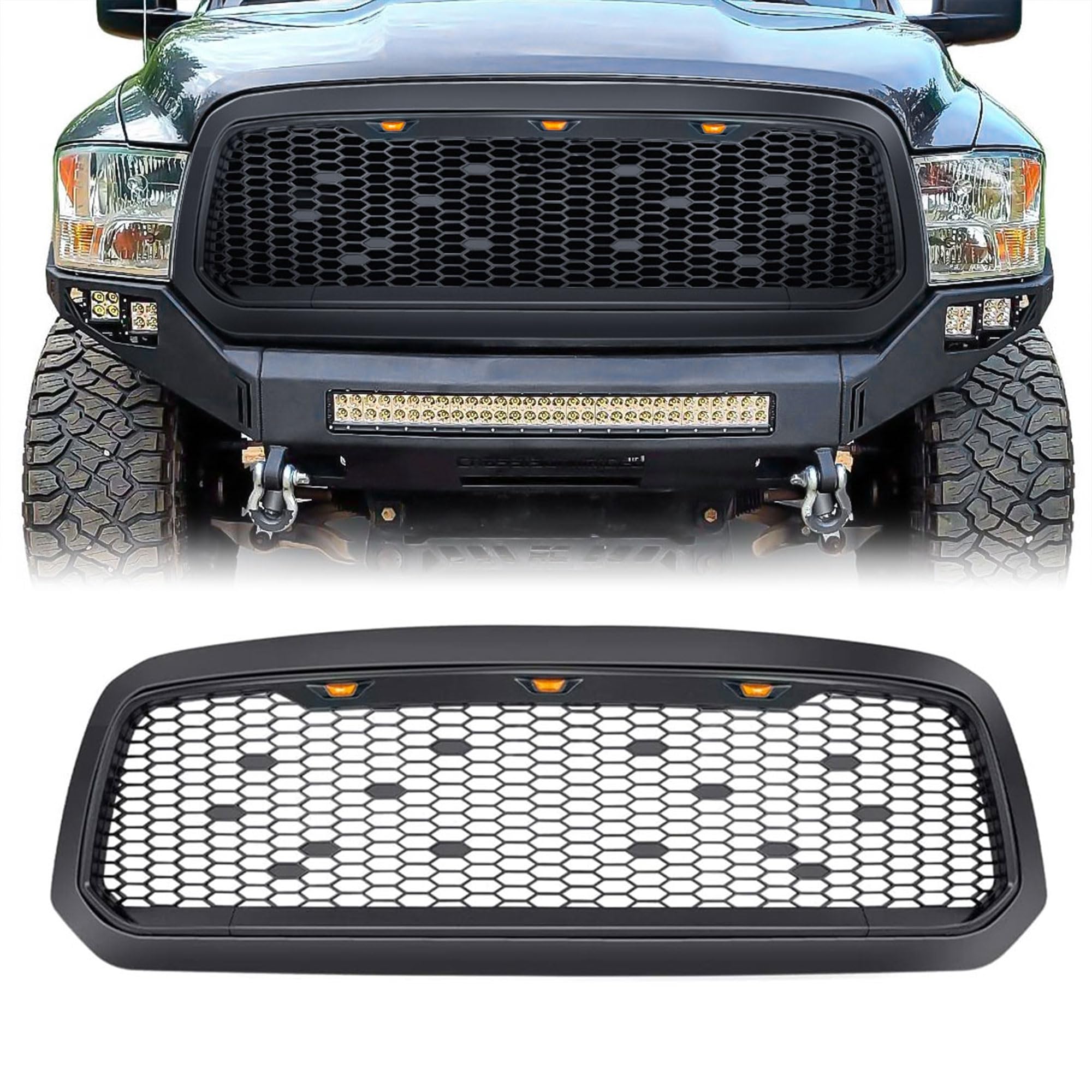 2013-2018 Dodge Ram 1500 Replacement Front Grille with Amber Lights - Matte Black Mesh Grill for Off-Road & Truck Customization | Enhanced Style & Durability for Pickup Trucks