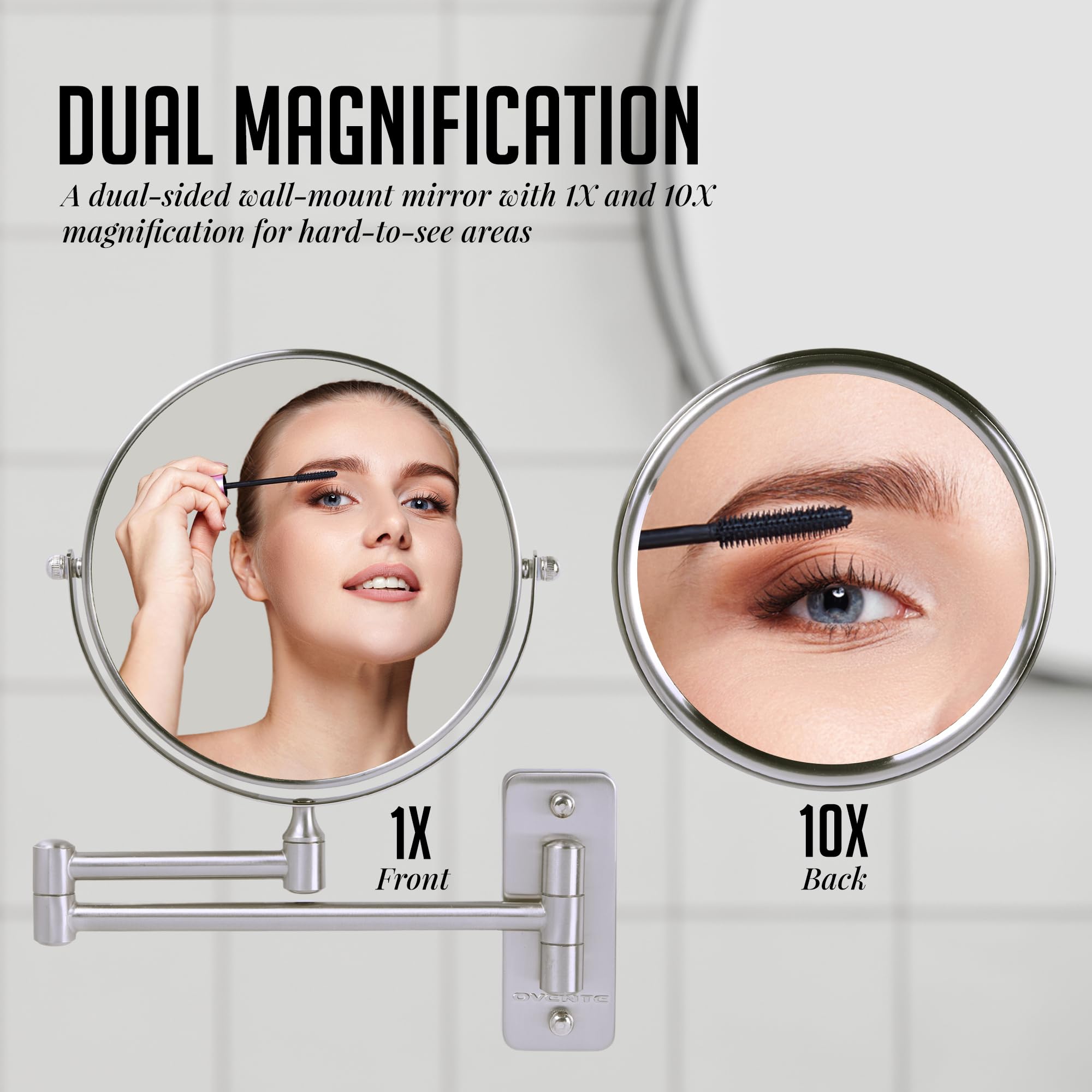 OVENTE 7-Inch Wall Mounted Makeup Mirror with 1X/10X Magnification - Double Sided Round Bathroom Vanity Mirror, 360° Swivel & Extendable Folding Arm in Brushed Nickel (MNLFW70BR1X10X) - Perfect for Makeup Application, Skincare Routine & Shaving in Small Bathrooms