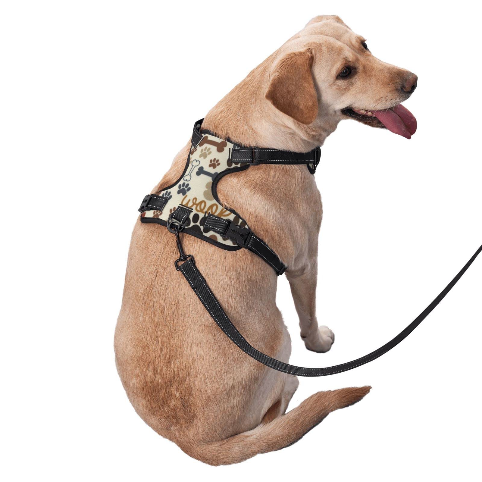 No Pull Dog Safety Harness with Leash Clip - Reflective Breathable Adjustable Pet Vest for Puppy Training & Walking (Bone & Paw Print Design) - Perfect for Outdoor Adventures, Night Walks & Obedience Training