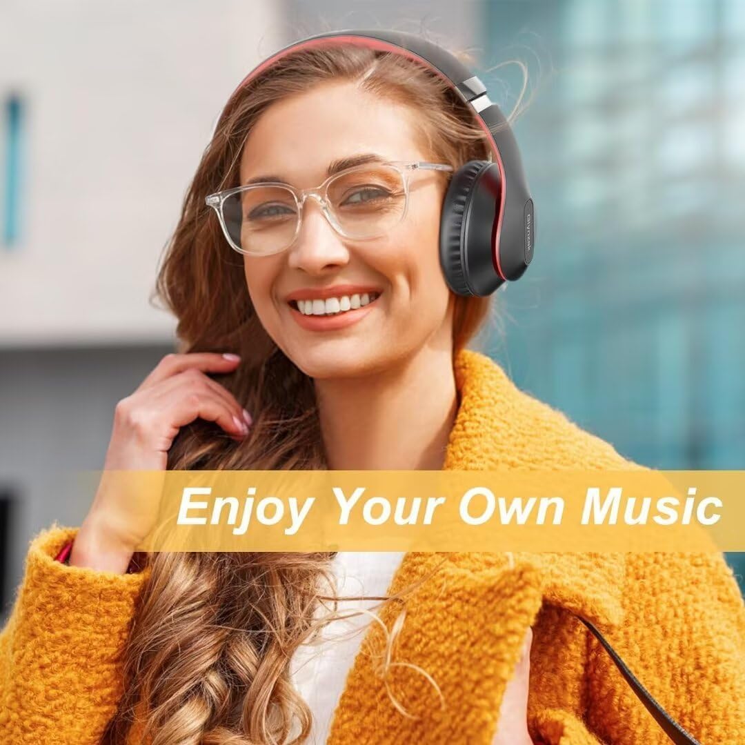 Wireless Bluetooth Headphones Over Ear - 65H Playtime HiFi Stereo with Mic & 6EQ Modes - Foldable Bluetooth 5.3 Headset for Travel, Work, Gaming - Compatible with Laptop, Computer, Phone (Black/Red)