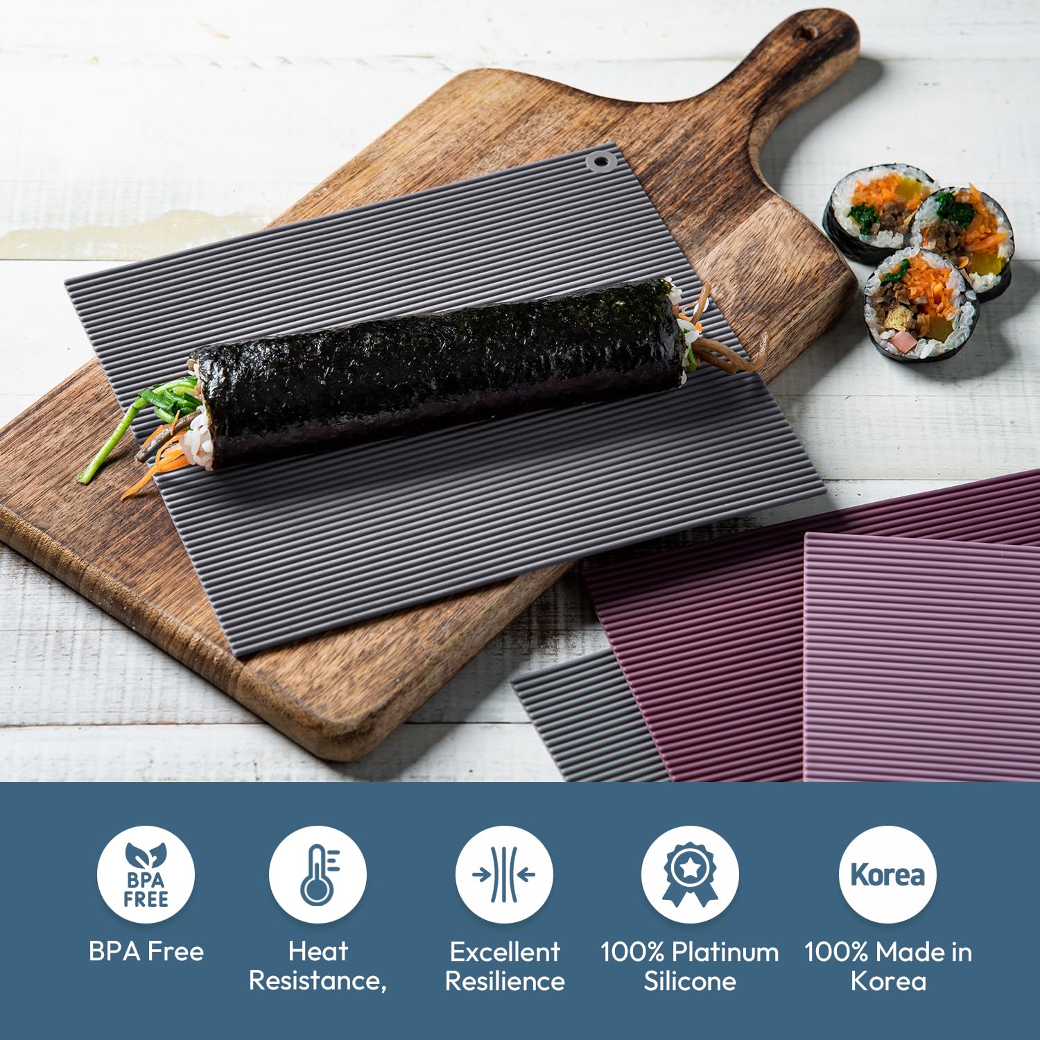 Carrotez Premium Silicone Sushi Rolling Mat - Non-Stick Kimbap Roller for Beginners, Dishwasher Safe & Reusable - Modern Grey Sushi Maker for Homemade Sushi, Kimbap, California Rolls & Party Platters