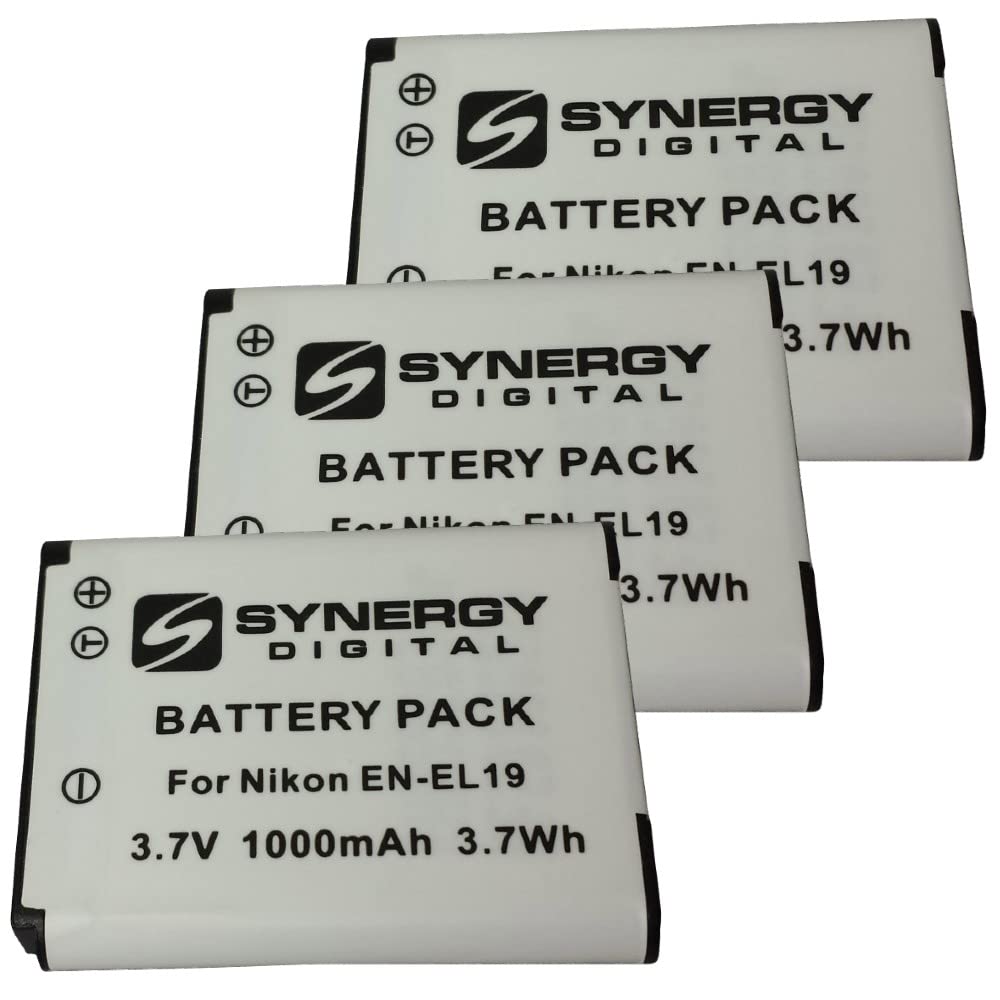 Synergy EN-EL19 Replacement Battery for Nikon S5200 Digital Camera - 3-Pack Li-Ion 3.7V 1000mAh - Compatible with Nikon EN-EL19 - Perfect for Travel, Photography & Backup Power