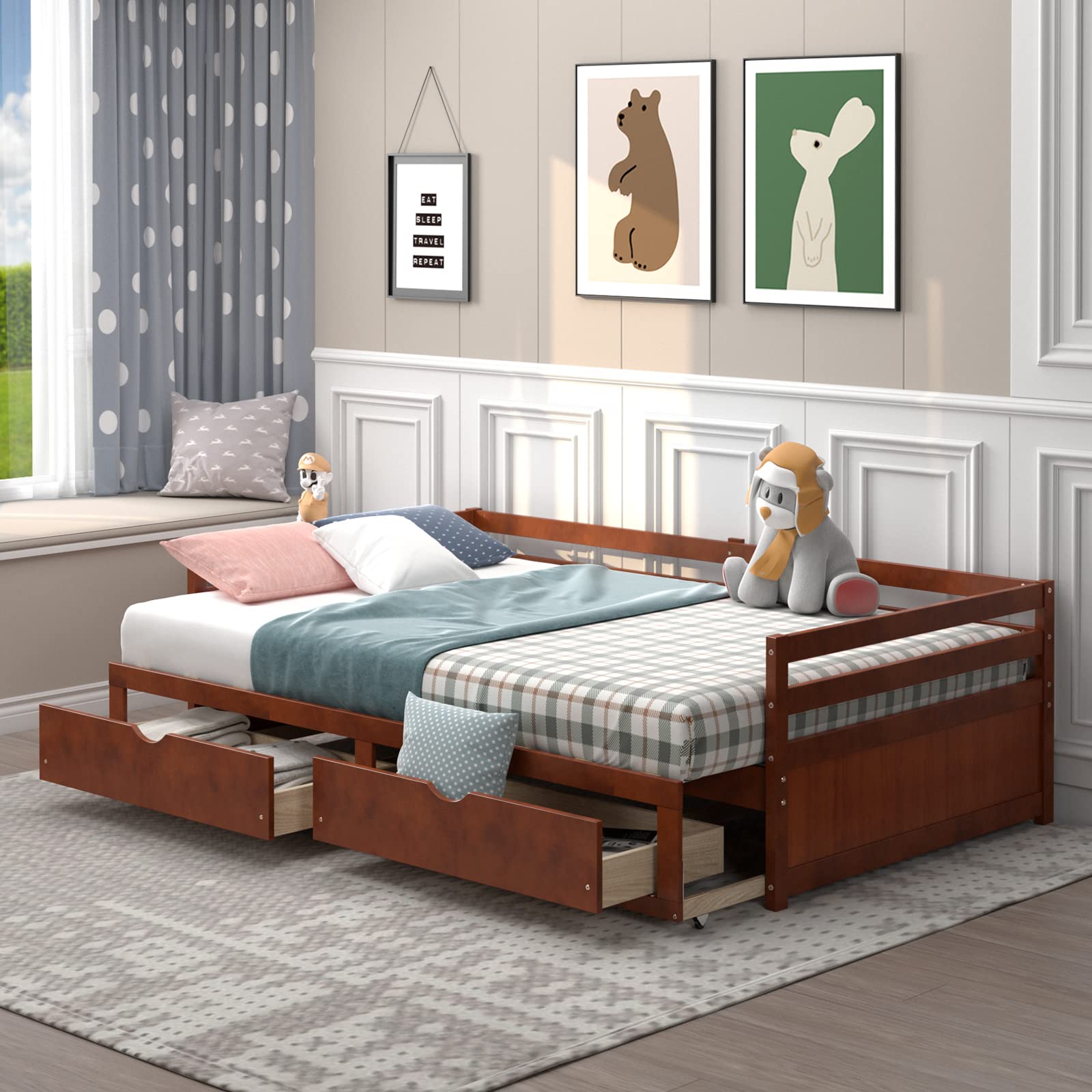 Giantex Wood Daybed with Trundle - Twin to King Size Extendable Daybed with 2 Storage Drawers, Modern Dual-Use Sofa Bed for Teens & Adults, No Box Spring Needed, Walnut Finish - Perfect for Small Bedrooms, Guest Rooms, and Living Spaces