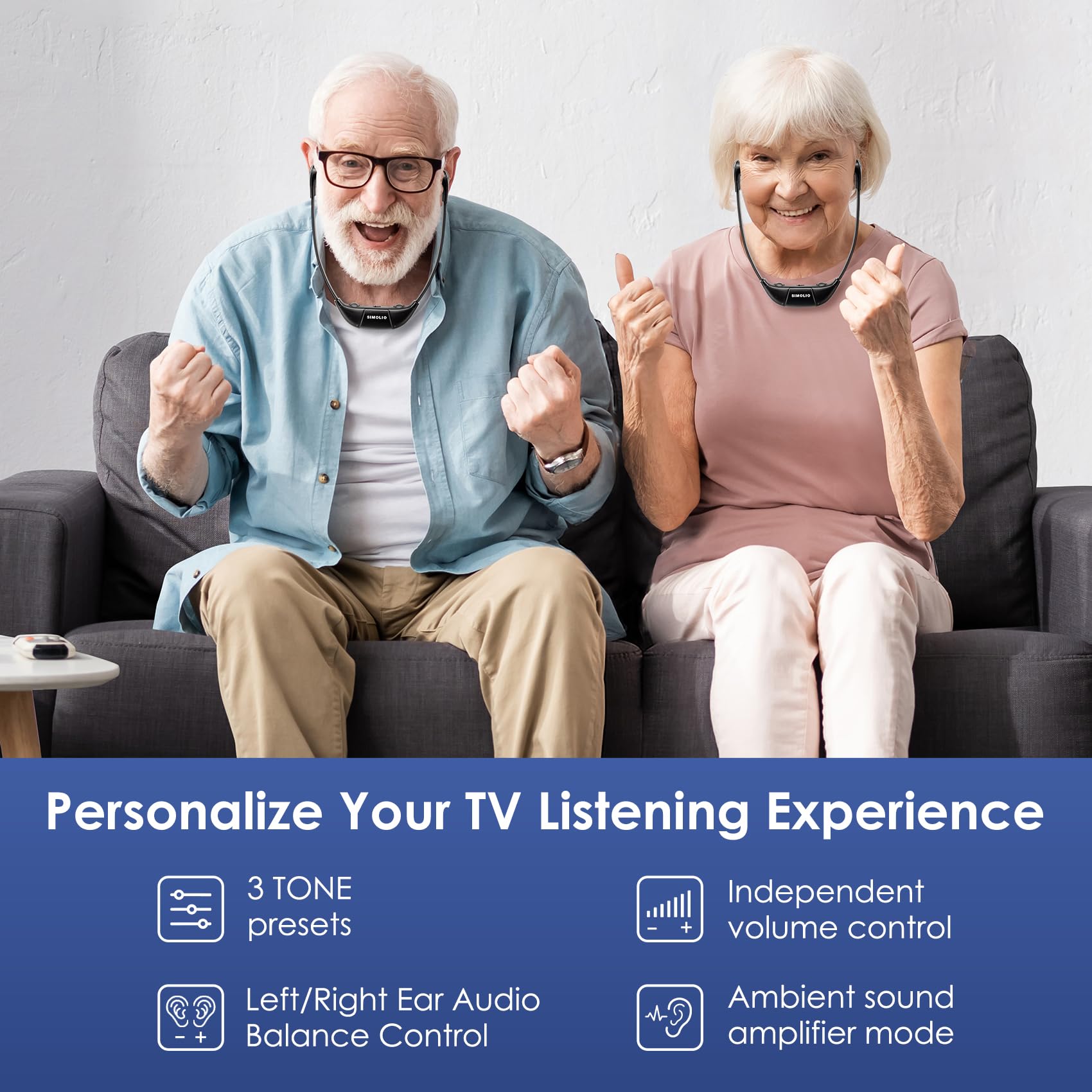 SIMOLIO Digital Wireless TV Headphones with Dual Headsets - 3 Tone Presets, Separate Volume & Balance Control, 15H Battery - Compatible with Smart, Optical, RCA & AUX TVs - Perfect for Late Night Watching, Hearing Impaired & Private Listening