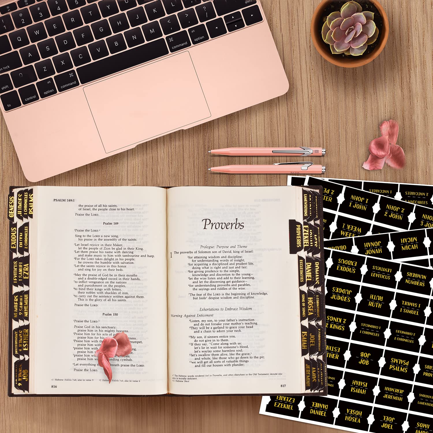 Bible Index Tabs Set - 122 Matte Laminated Floral Design Tabs for Old & New Testament (Black with Gold Foil) | Perfect for Bible Journaling, Scripture Study & Church Gifts