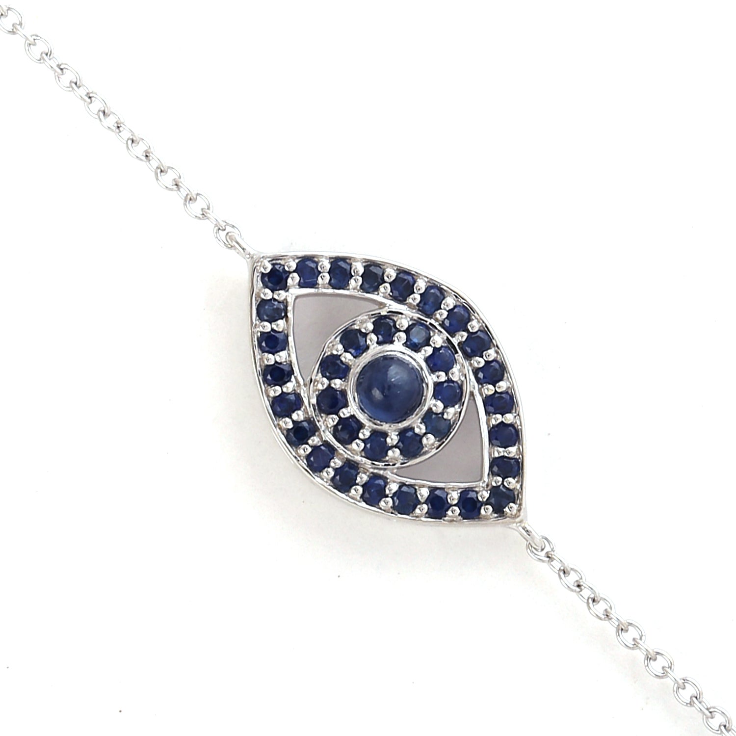 14K White Gold Blue Sapphire Evil Eye Bracelet - Delicate, Adjustable & Flexible for Protection & Good Luck - Perfect Gift for Women, Birthday, Anniversary & Spiritual Healing