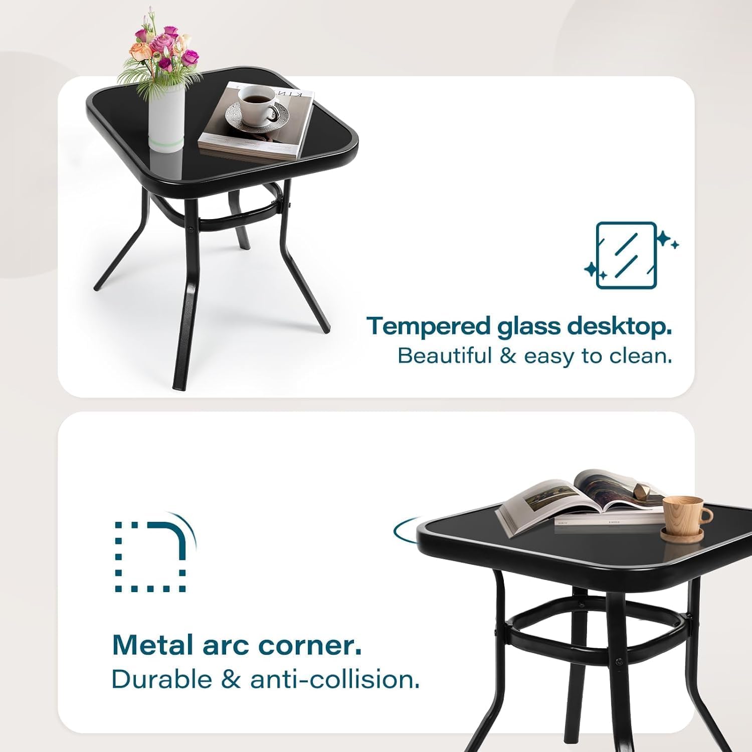 SUNCROWN Outdoor 3-Piece Rocking Chair Set - Black Steel Patio Furniture with Thickened Cushions & Glass-Top Coffee Table, Grey - Perfect for Garden, Porch, Backyard & Poolside Relaxation