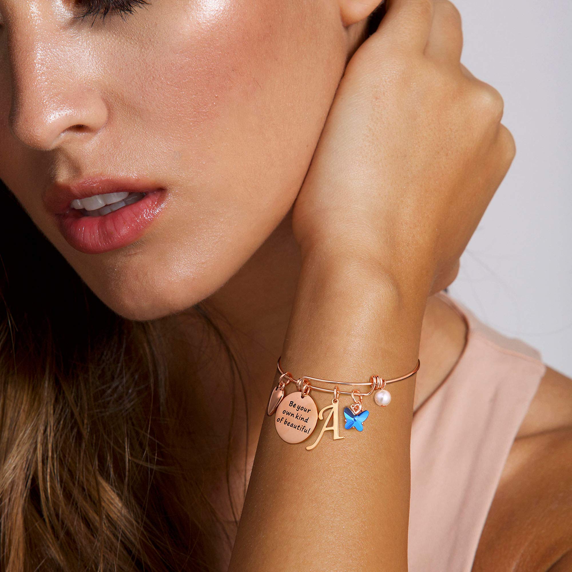 Hidepoo Butterfly Charm Bracelets for Women - Rose Gold Initial Bracelet with Birthstone - Personalized Jewelry Gift for Mom, Wife, Daughter | Birthday, Anniversary, Valentine's Day Present | Everyday Wear & Special Occasions