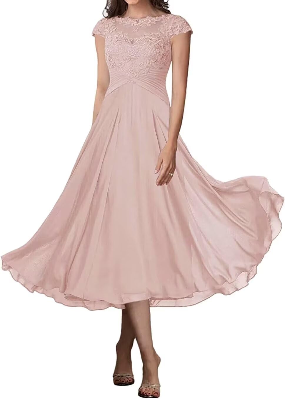 Elegant Tea-Length Mother of the Bride Dresses with Lace Cap Sleeves - Formal Wedding, Evening Party & Prom Gowns for Women - Perfect for Church Ceremonies, Cocktail Receptions & Special Occasions