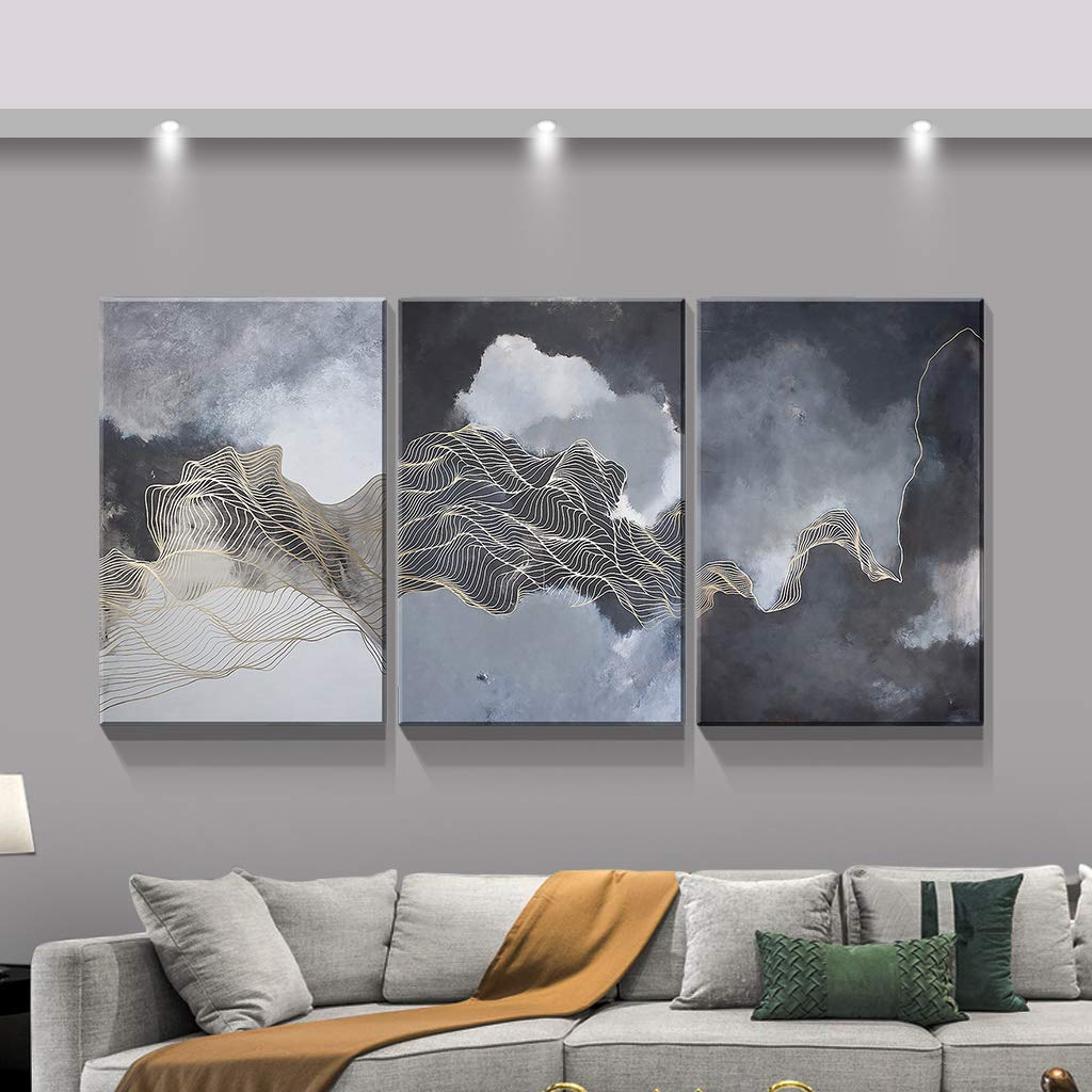 Denozer - 3 Panel Abstract Golden Line Canvas Wall Art - Stretched & Framed Ready to Hang - 24x36 Inches - Modern Home Decor for Living Room, Bedroom & Office