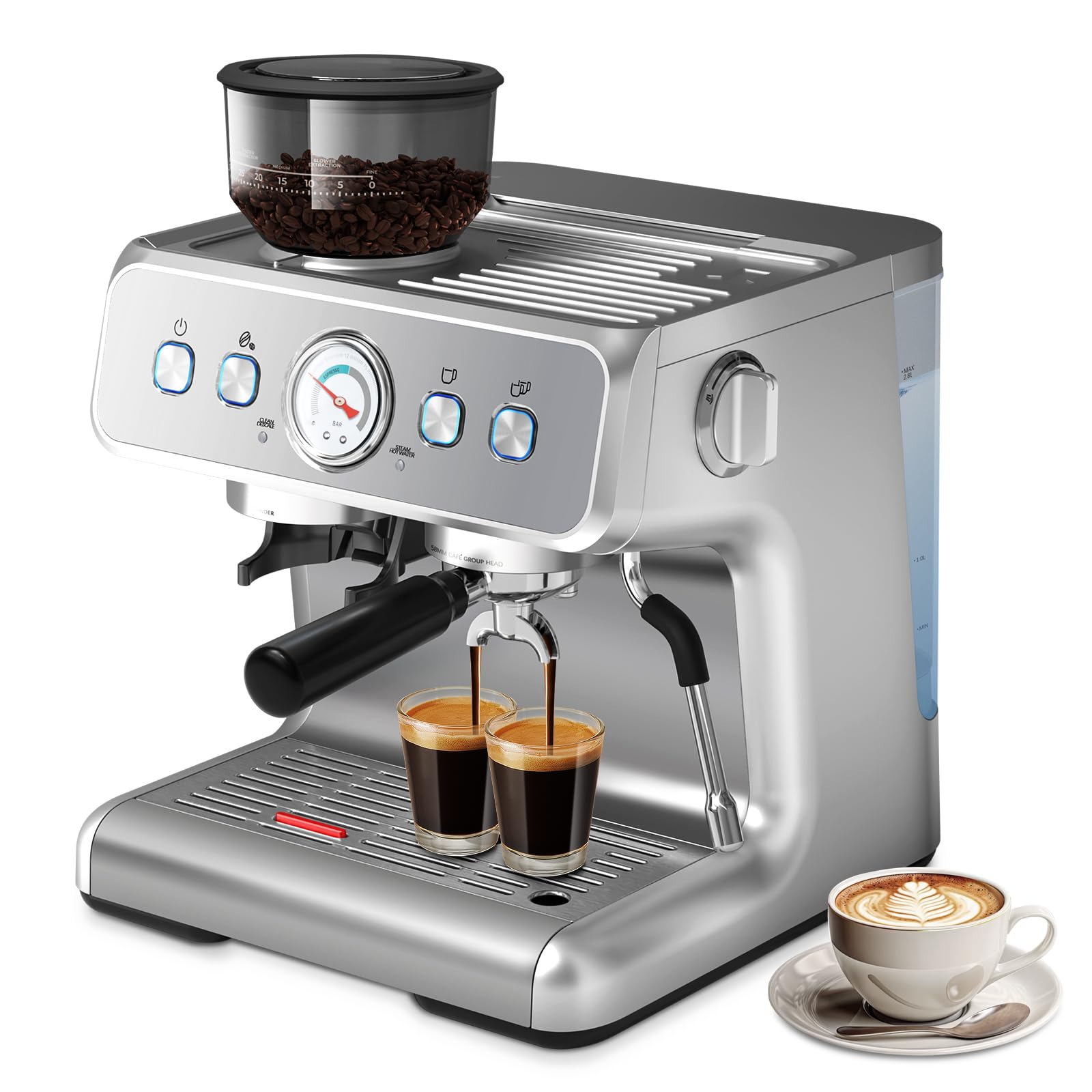 15 Bar Semi-Automatic Espresso Machine with Built-in Grinder & Milk Frother - 1350W Stainless Steel Home Coffee Maker for Cappuccino & Latte - Removable 75oz Water Tank - Perfect for Home Baristas & Coffee Lovers
