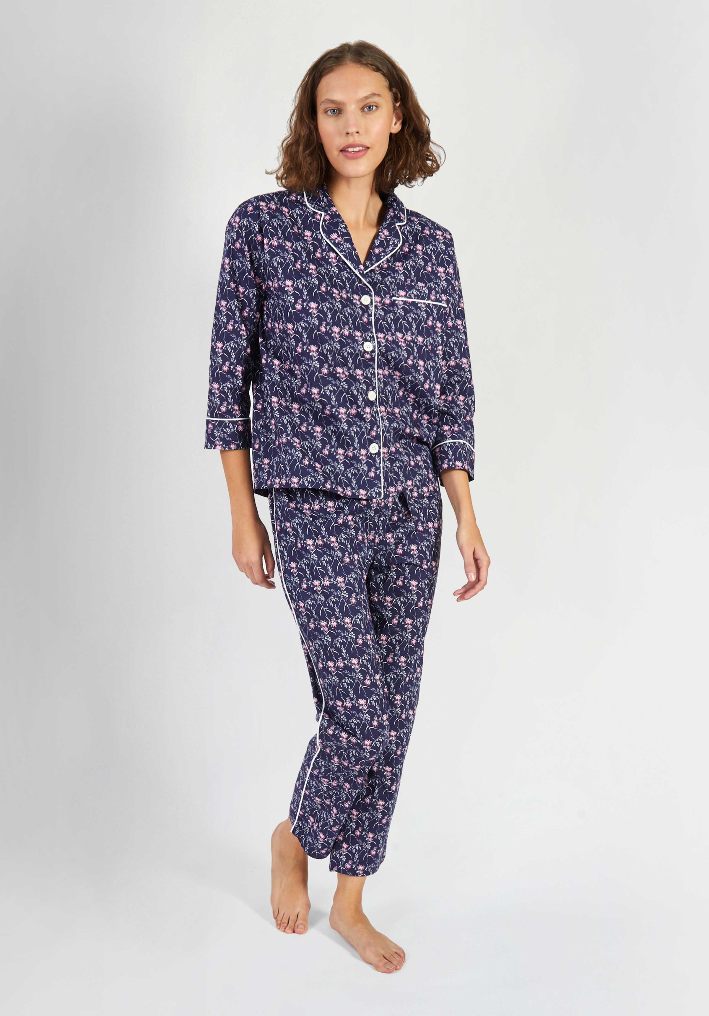 Women's Floral Pajama Set - Soft Cotton Sleepwear in Pink Berry & Navy Print | Cozy Loungewear for Relaxing at Home, Sleepovers & Spa Nights