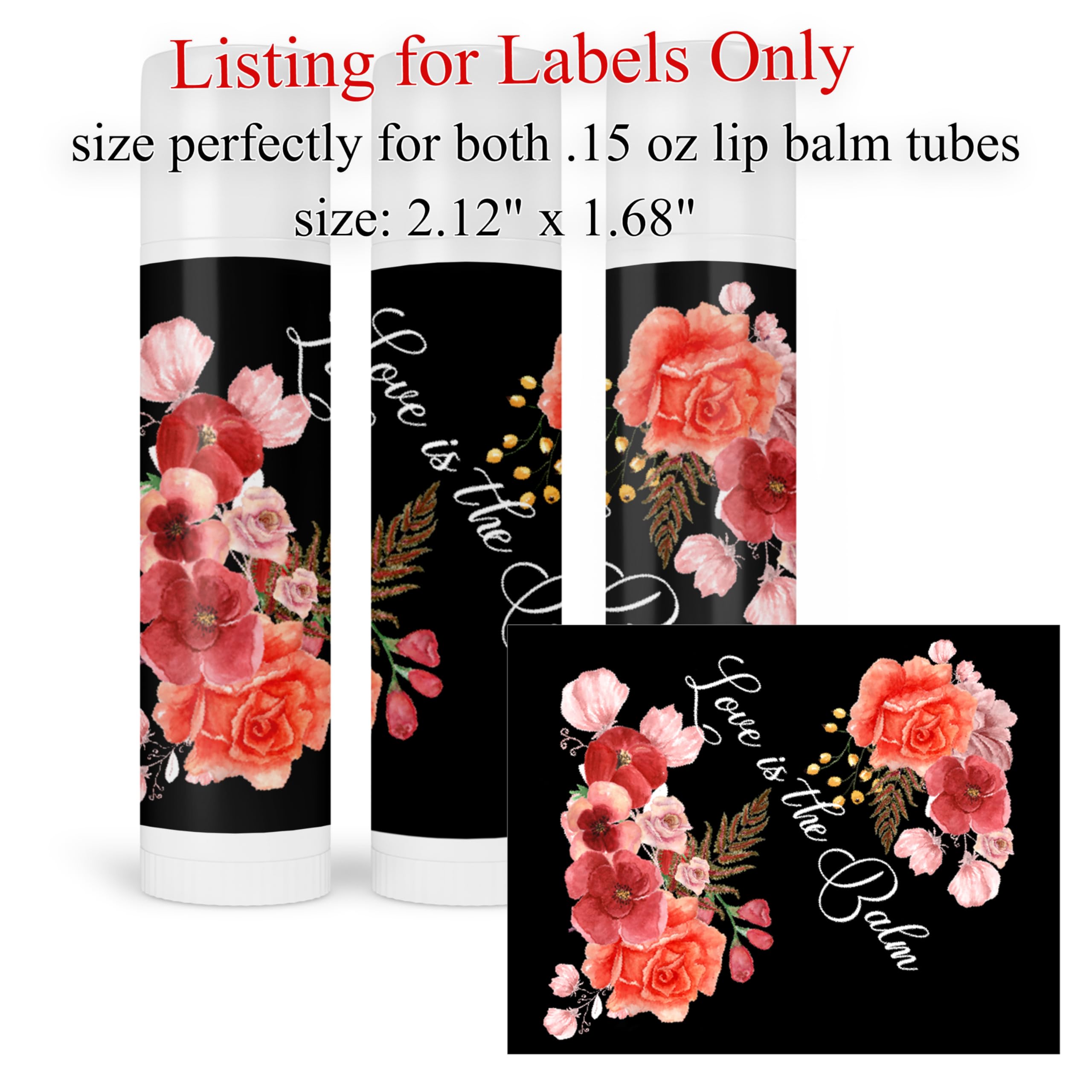 Elegant Red & Black Floral Wedding Lip Balm Labels - Custom Party Favor Stickers for Bridal Showers, Bridesmaid Gifts & Wedding Decorations - Perfect for DIY Wedding Favors, Bridal Party Gifts & Special Occasions