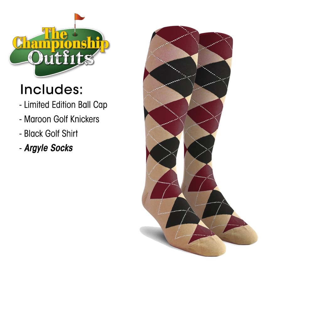 Men's Stylish Outfit Set - Maroon Microfiber Black Golf Shirt, Limited Edition Ball Cap & Over-The-Calf Argyle Socks | Perfect for Golf, Casual Wear & Outdoor Activities