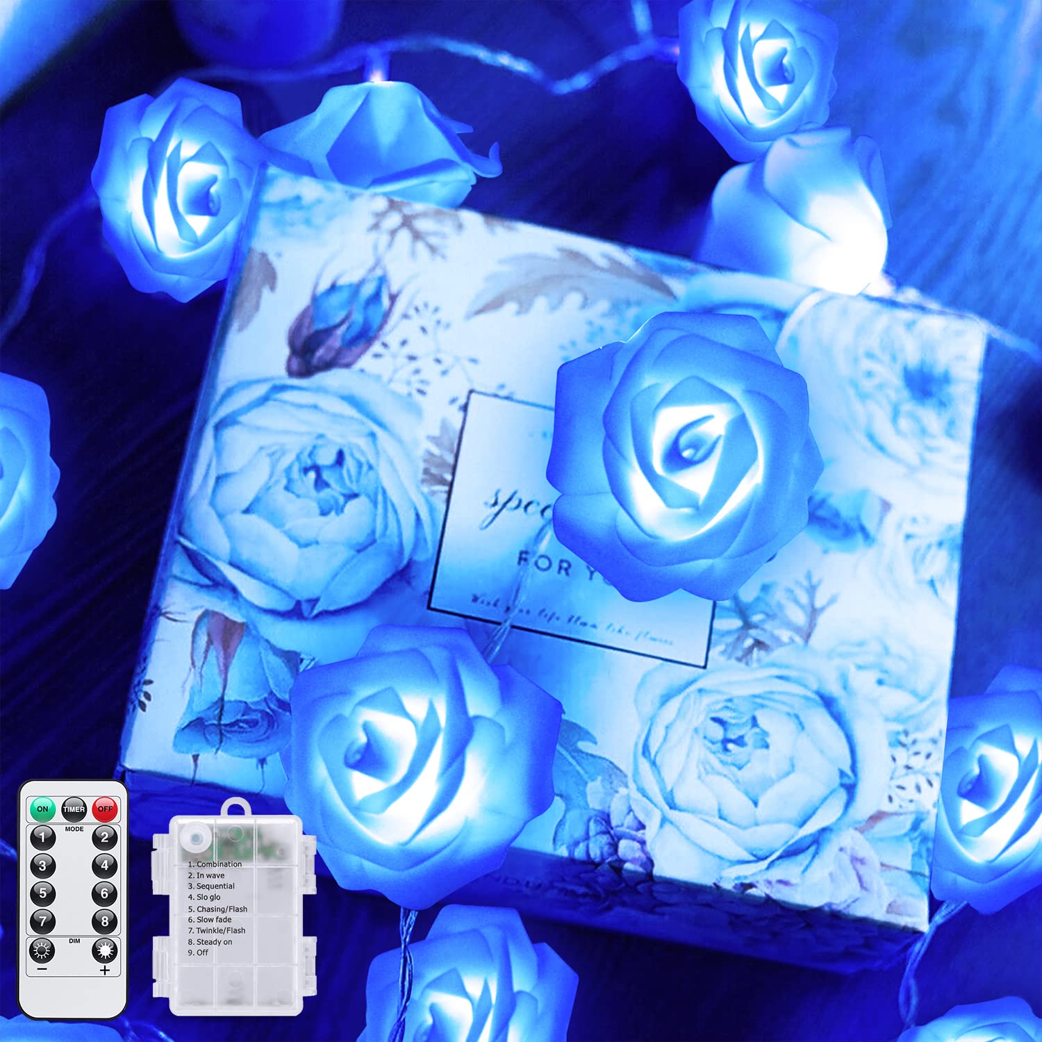 JMEXSUSS 16.4ft 30 LED Rose String Lights with Remote - 8 Lighting Modes, Battery Operated Fairy Lights for Bedroom, Valentine's Day, Wedding, Party & Home Decor (Blue) | Romantic Ambiance & Indoor/Outdoor Decoration