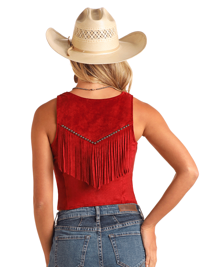 Rock & Roll Denim BW98C05918 Women's Studded Microsuede Fringe Vest - Red | Boho Chic Jacket for Concerts, Festivals & Casual Outfits