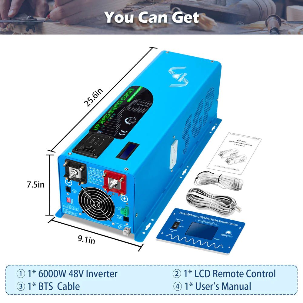 SunGoldPower 6000W 48V Pure Sine Wave Inverter with Charger - Split Phase, UL1741 Certified for Solar Power Systems - Perfect for Off-Grid Living, RV, and Marine Use