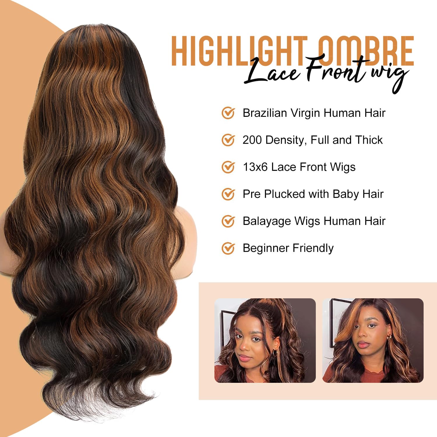 30 Inch 13x6 Highlight Body Wave Lace Front Wigs Human Hair - Pre Plucked 200% Density Ombre Frontal Wig with HD Lace & Bleached Knots - Glueless Balayage Wig for Black Women - Perfect for Daily Wear, Parties & Special Occasions