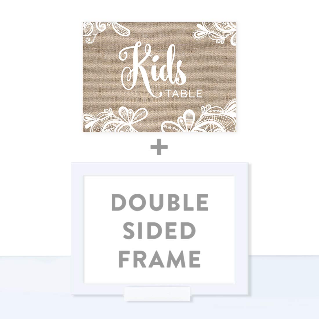 Andaz Press Wedding Framed Party Signs - Rustic Burlap Lace Printed Cardstock Table Decor - 5x7 inch Kids Table Sign with Frame - Perfect for Weddings, Baby Showers & Birthday Parties