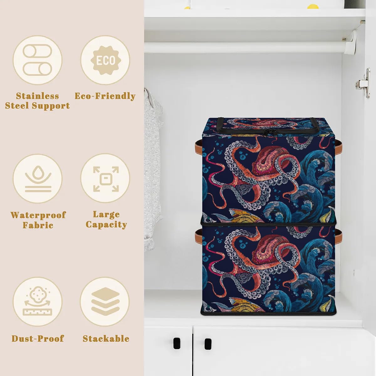 2-Pack Stackable Underbed Storage Bins with Zipper Lid & Metal Frame - Octopus Design PU Handled Closet Organizer for Clothes, Toys & Seasonal Items | Perfect for Bedroom, Dorm & Small Space Organization