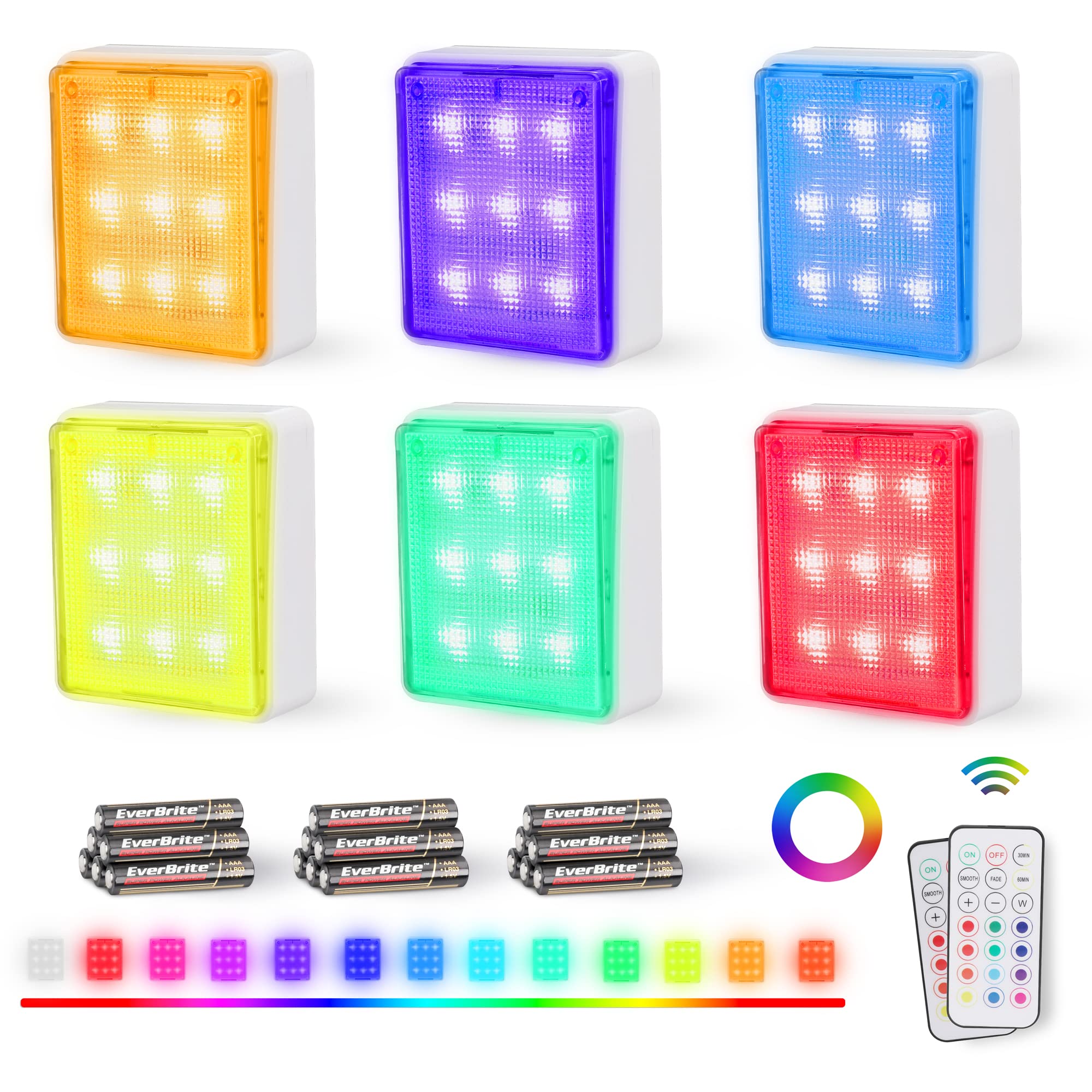 EverBrite Tap Lights - 6 Pack LED Closet Lights with Remote Control, Battery Powered RGB Push Lights for Cabinet, Stairway, Party, Indoor or Outdoor - Perfect for Bedroom, Hallway, Nursery & Pantry