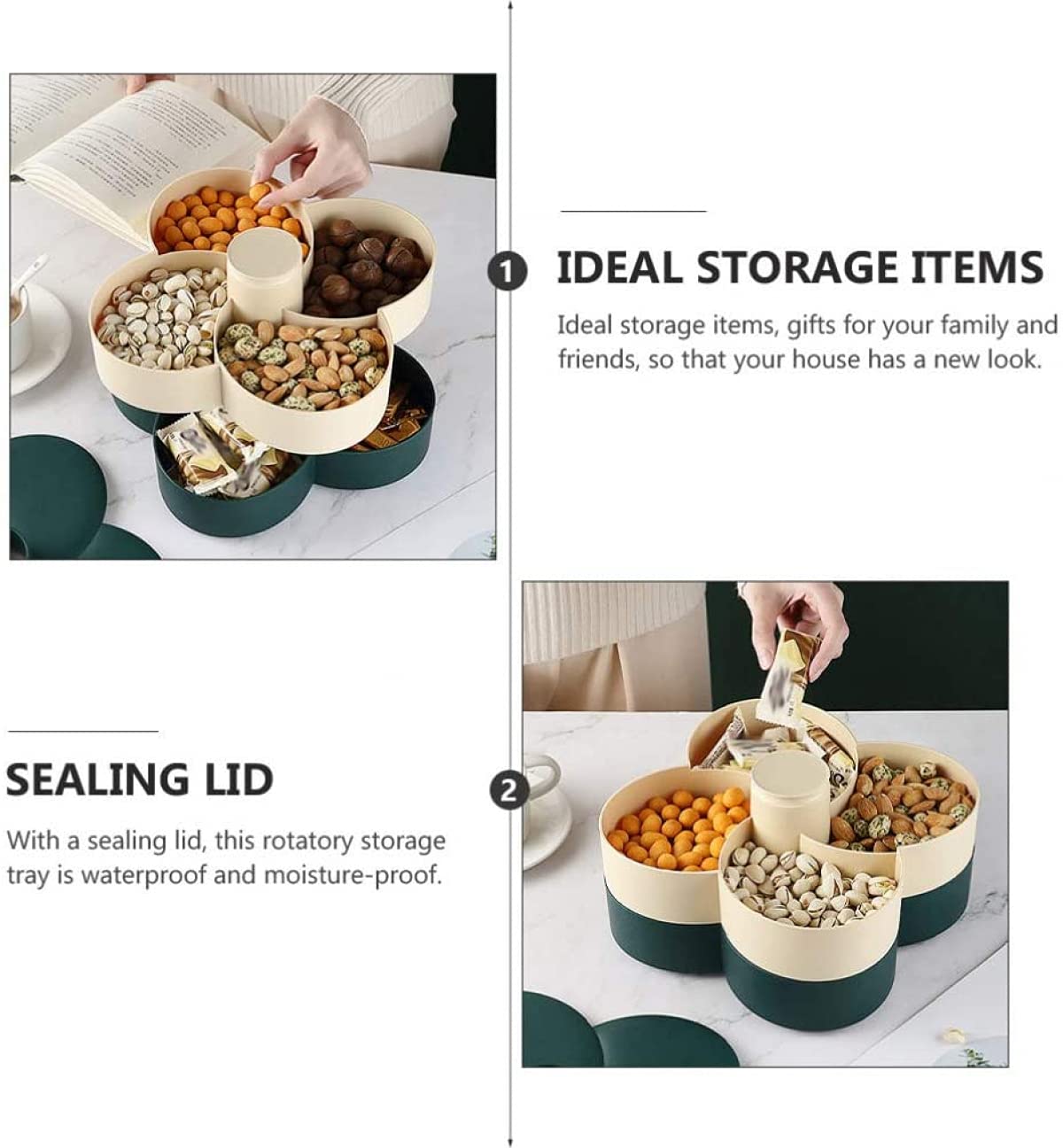 Rotating Double-Layer Plastic Snack Serving Tray with Lid - Divided Candy Nut Dish for Parties, Weddings, Restaurants & Home Use - Perfect for New Year Celebrations, Movie Nights & Family Gatherings