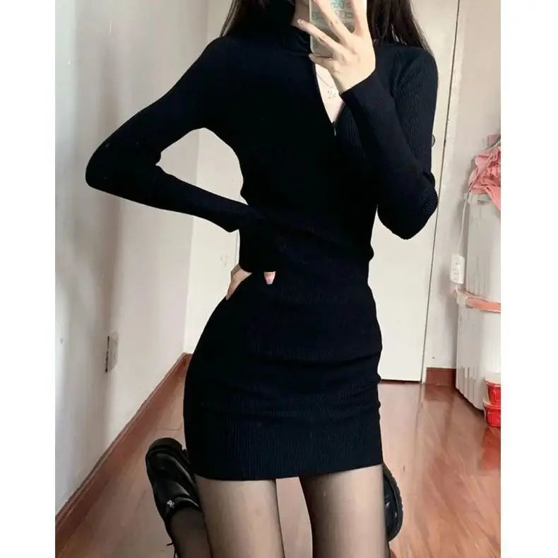 Women's Autumn Bodycon Wrap Slim Sheath Mini Dress - Retro Vintage Long Sleeve Knit Dress with O-Neck | Perfect for Fall Dates, Office Wear & Holiday Parties