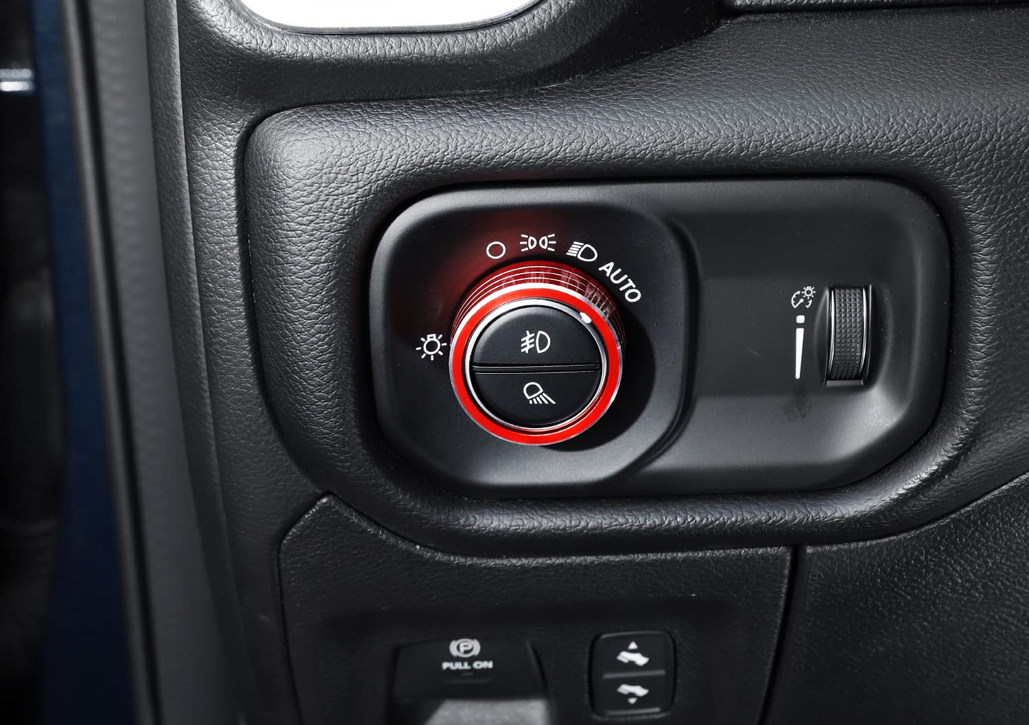 2-Piece Red 2WD/4WD Selector & Headlight Switch Knob Cover Trim for 2019+ RAM Trucks - Off-Road & Night Driving Accessories
