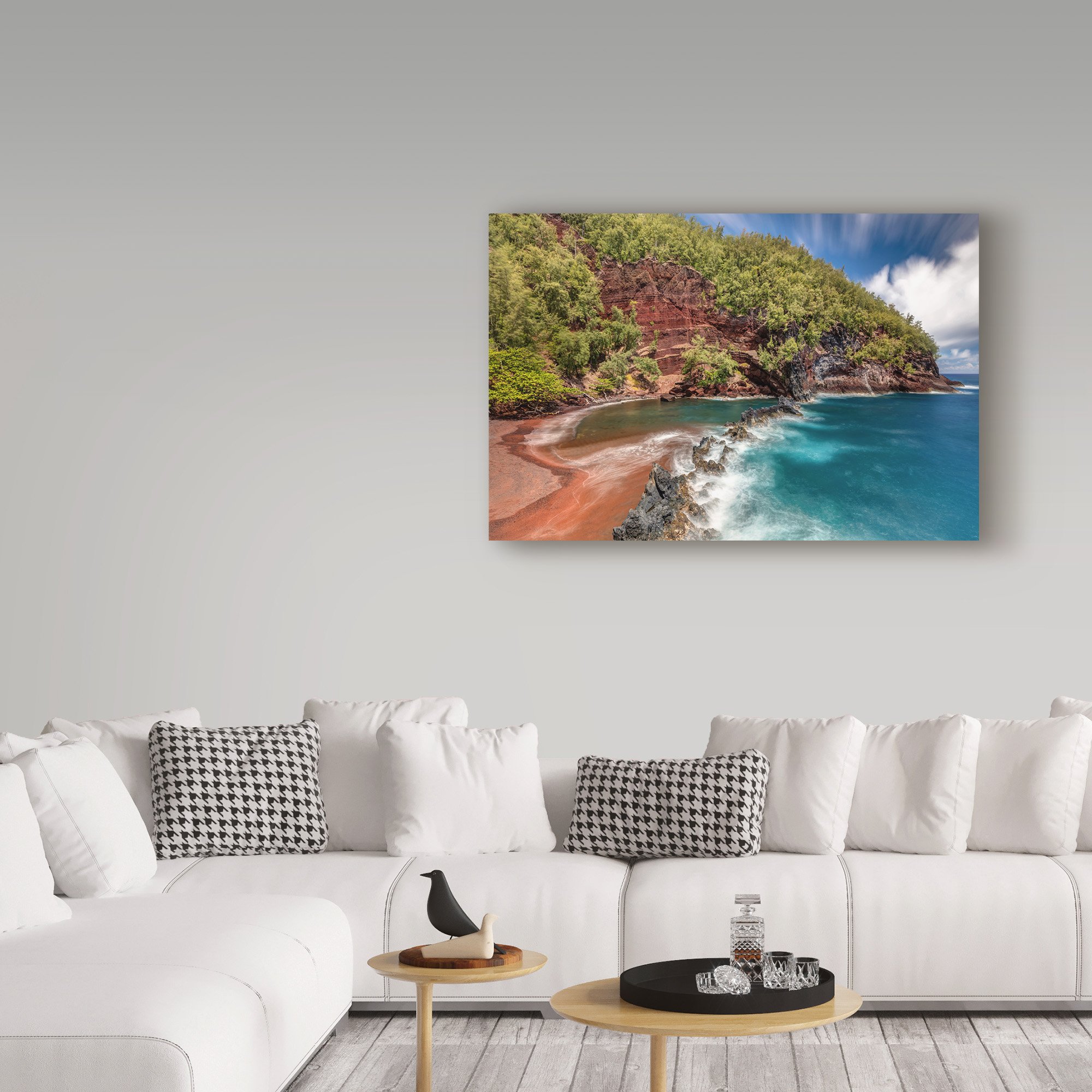 Red Sand Beach by Pierre Leclerc - 30x47 Inch Framed Wall Art Print - Coastal Landscape Painting for Living Room, Bedroom & Office Decor