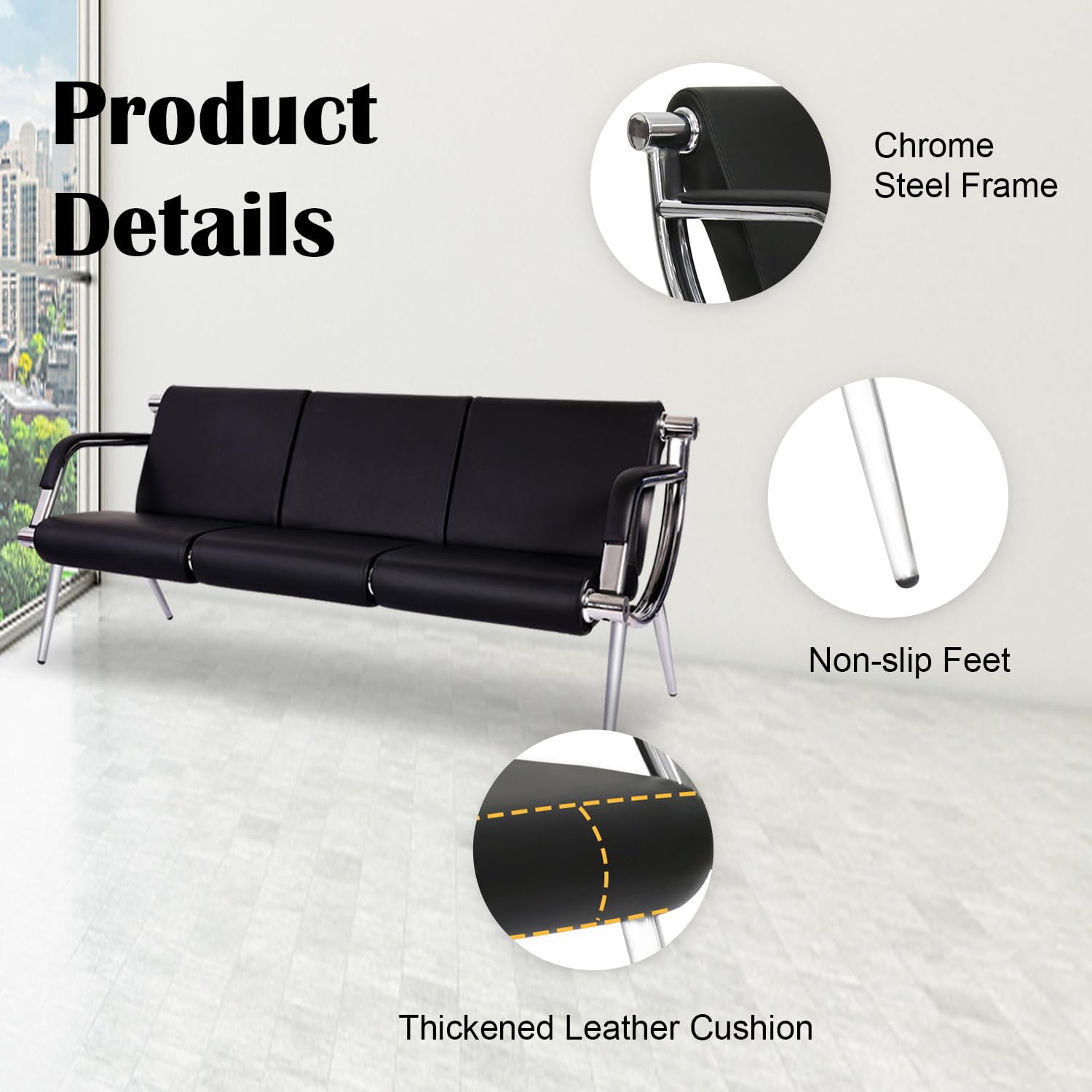 Kinsuite 5-Seat PU Leather Waiting Room Chairs with Arms - Comfortable Reception Benches for Airport, Clinic, Office, School & Salon | Durable Guest Seating Solution for High-Traffic Areas