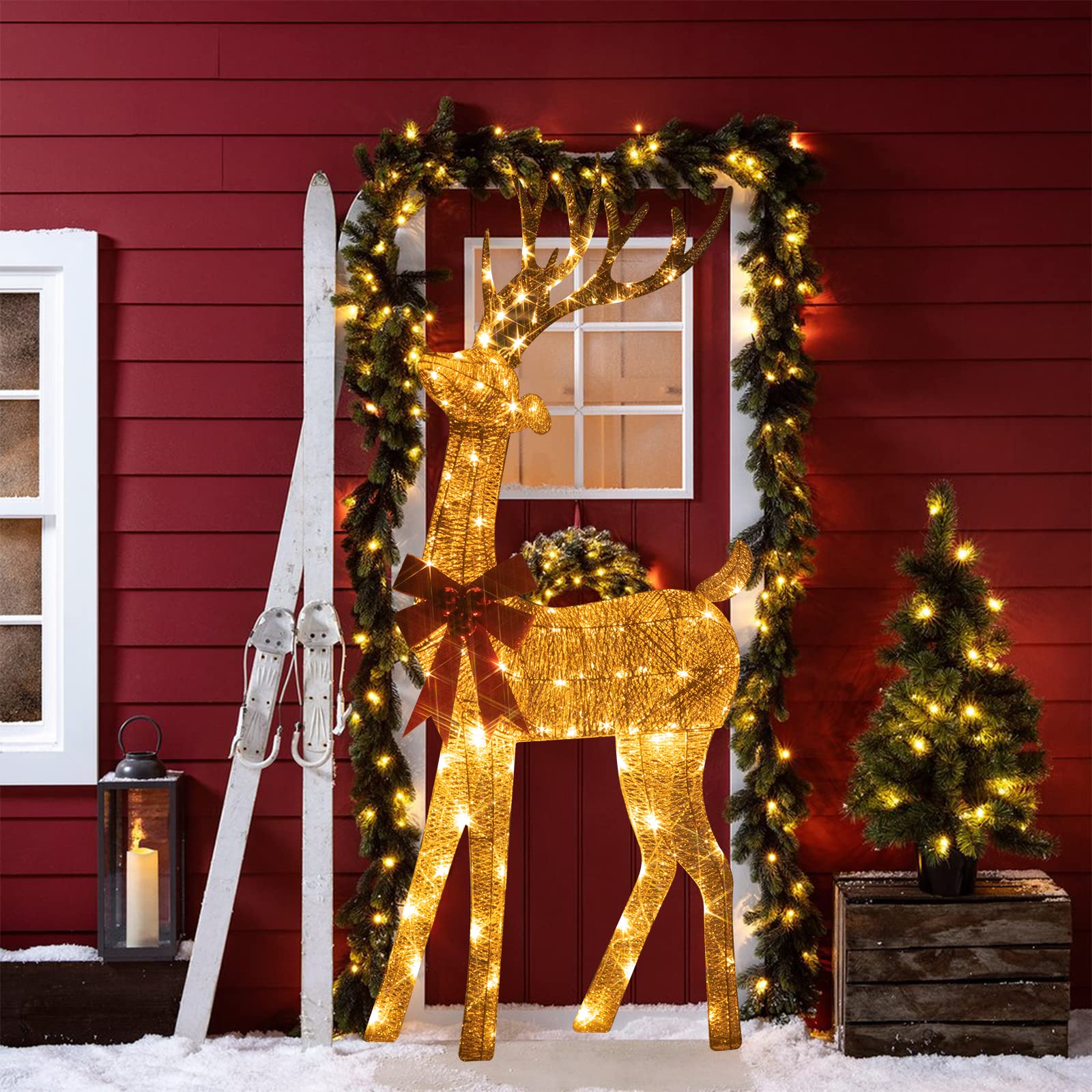 6FT Light Up Reindeer Outdoor Christmas Decorations with Red Bow - Illuminated Yard & Garden Decor for Holiday Season | Perfect for Front Lawn, Porch, and Festive Outdoor Displays