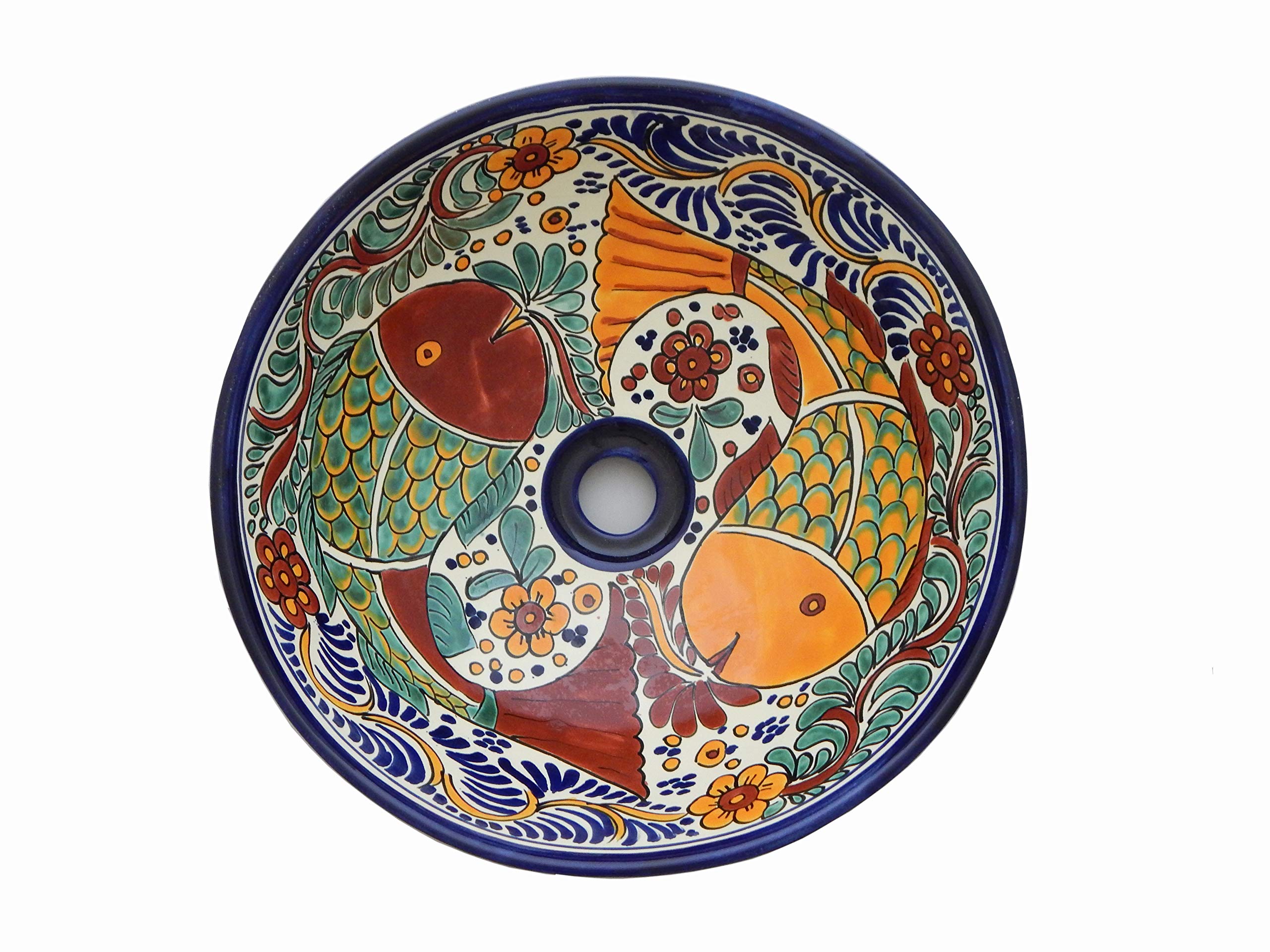 Authentic Mexican Ceramic Vessel Sink - Handcrafted Fish Design Bathroom Bowl #26 | Perfect for Farmhouse, Coastal & Boho Decor