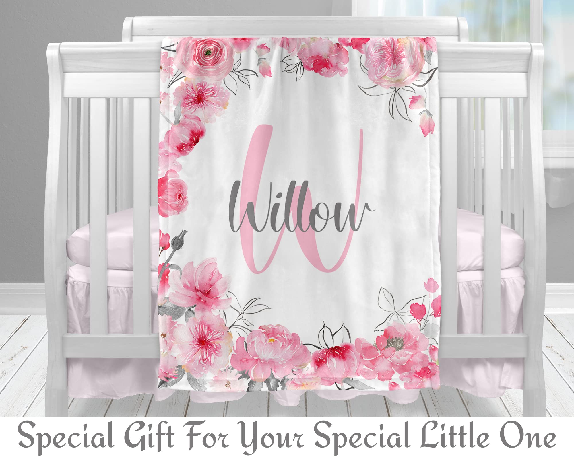 Custom Personalized Baby Blankets for Girls with Name - Pink & Gray Floral Monogram Blanket - Unique Baby Shower Gift for Newborn Girls | Nursery Decor, Christening Present, First Birthday Keepsake