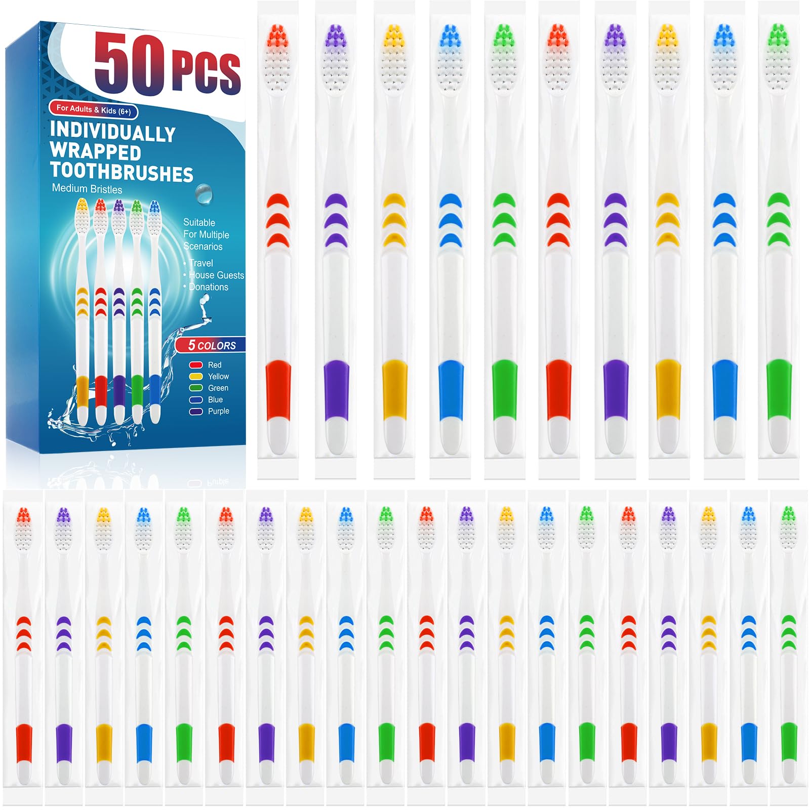 50 PCS Individually Wrapped Bulk Toothbrush Pack - Soft Bristle Disposable Toothbrushes for Adults & Kids with Ergonomic Handle | Perfect for Travel, Hotels, Donations, Camping, Emergency Kits & Dental Care