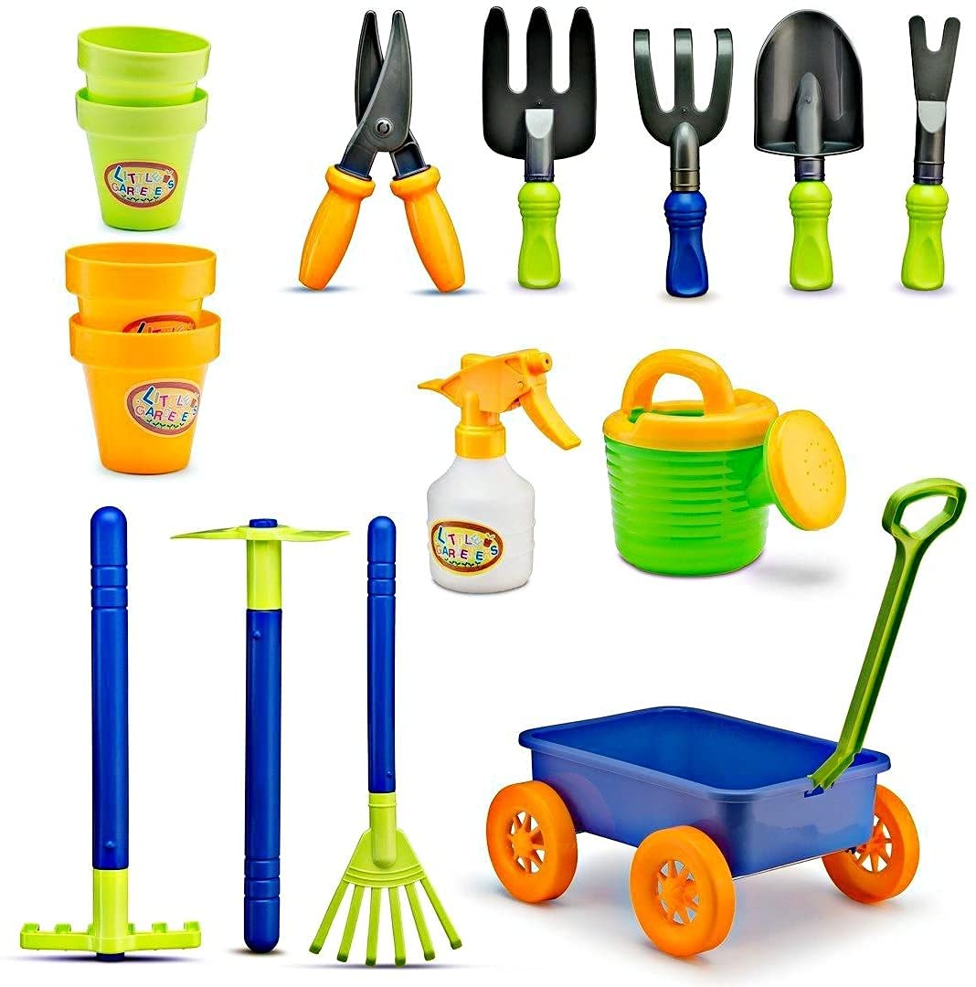 Premium 15-Piece Kids Gardening Toy Set with Wagon - Sturdy & Durable Outdoor Play Tools for Toddlers - Perfect for Yard, Beach, Sandbox & Garden Activities (Green, 2-Pack) - Ideal for Pretend Play, Outdoor Learning & Sensory Development