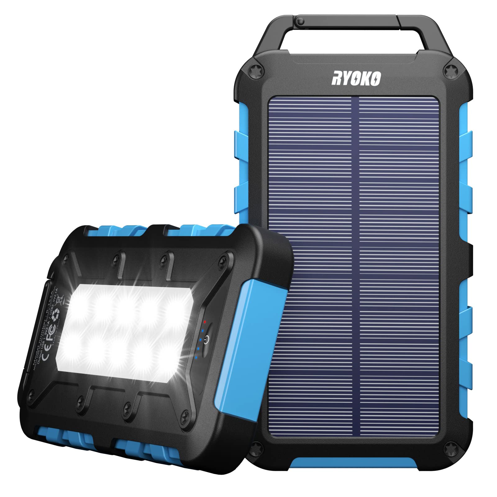 Ryoko 20000mAh Solar Power Bank with Dual USB 5V Output - Portable Solar Phone Charger with 10 LED Flashlights, Waterproof External Battery Pack for iPhone, Samsung, Switch, Tablet - Perfect for Camping, Hiking & Emergency Power Backup