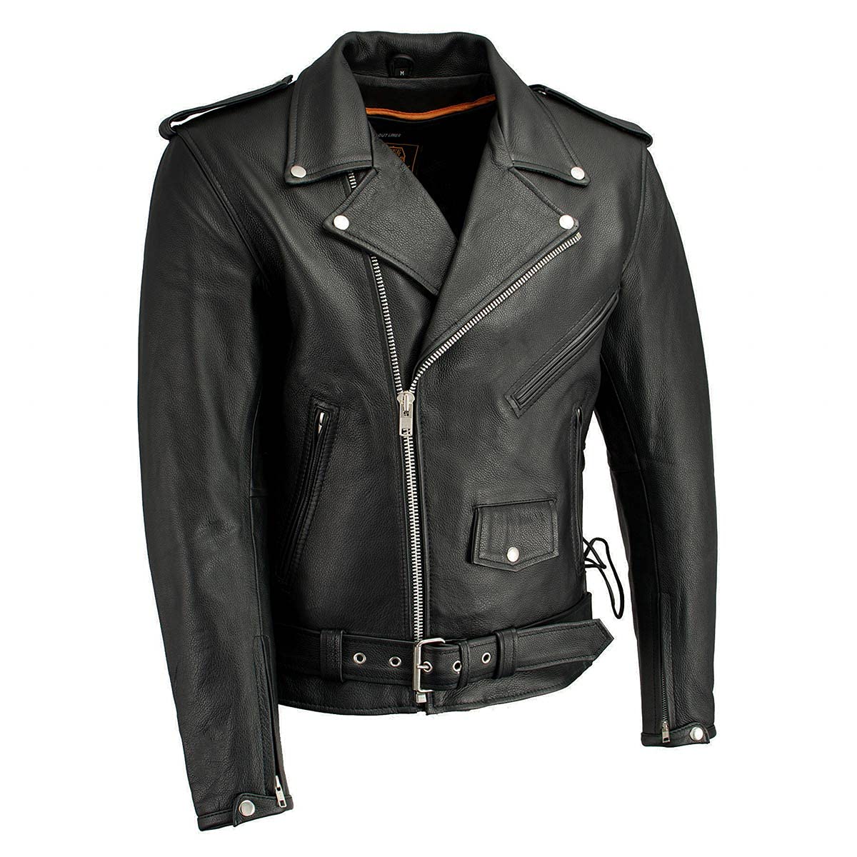 Milwaukee LKM1711 Black Leather Motorcycle Jacket for Men - Heavy Duty Police Style Biker Jacket with Adjustable Side Lace - Perfect for Riding, Motorcycle Clubs & Outdoor Adventures